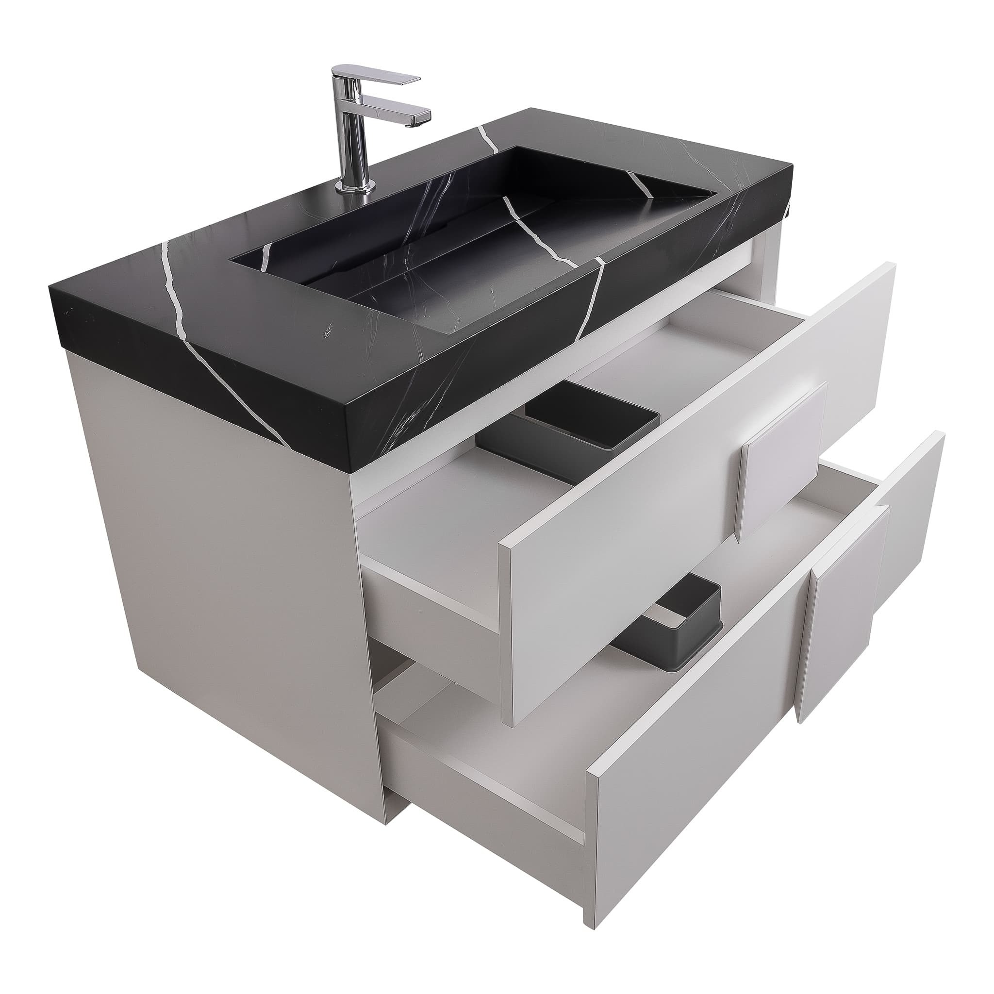 Piazza 31.5 Matte White With White Marble Handle Cabinet, Solid Surface Matte Black Carrara Infinity Sink, Wall Mounted Modern Vanity Set 