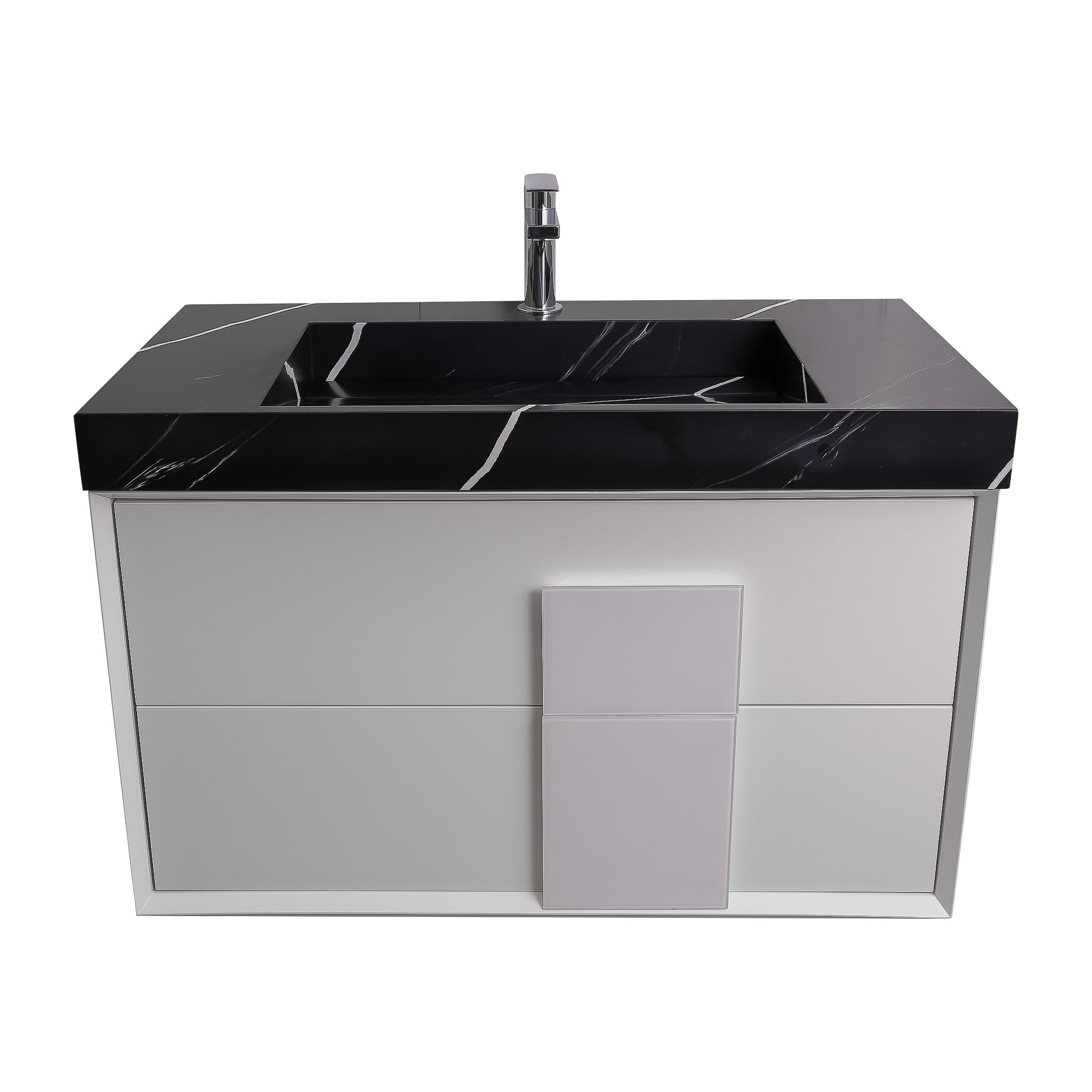 Piazza 31.5 Matte White With White Marble Handle Cabinet, Solid Surface Matte Black Carrara Infinity Sink, Wall Mounted Modern Vanity Set 