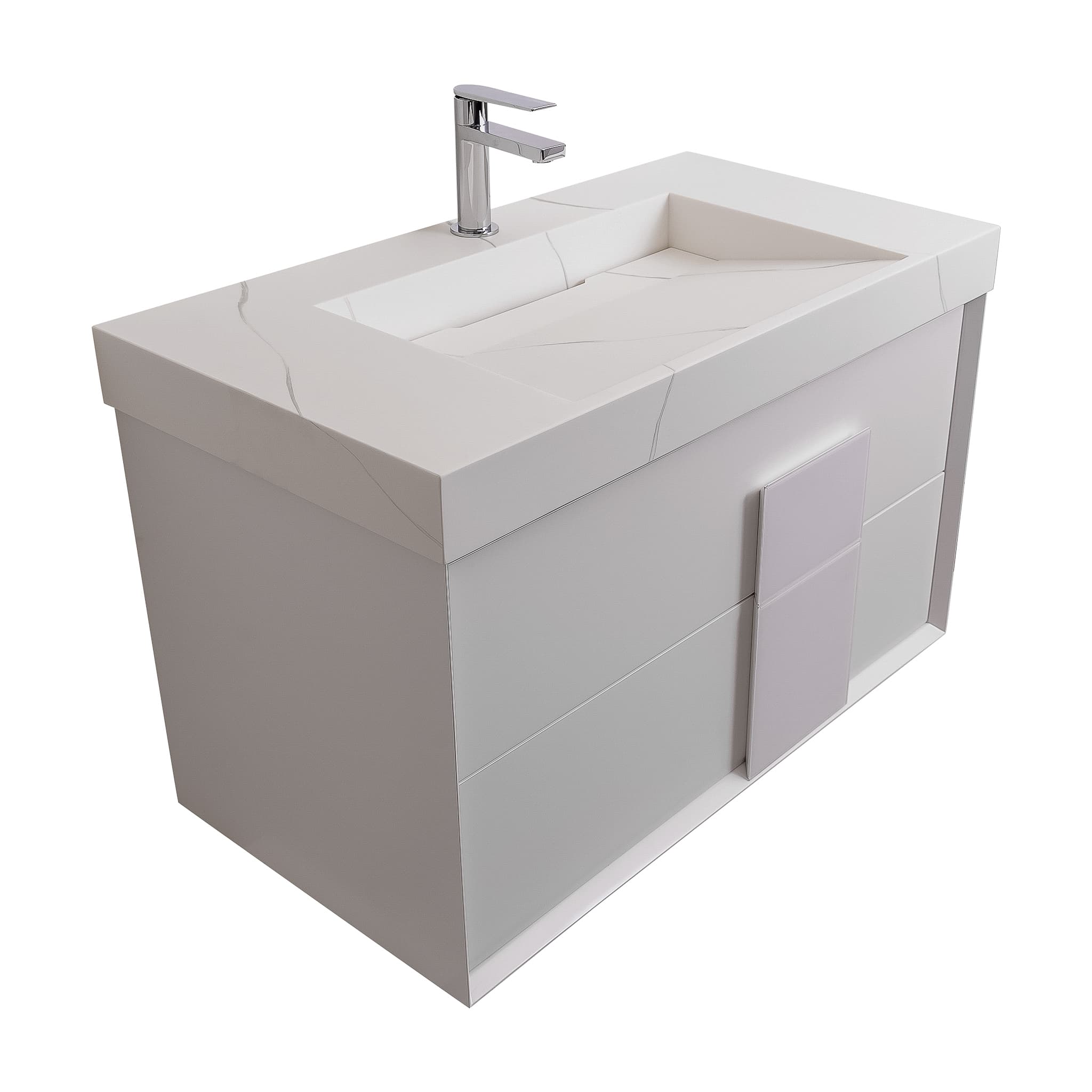 Piazza 31.5 Matte White With White Handle Cabinet, Solid Surface Matte White Carrara Infinity Sink, Wall Mounted Modern Vanity Set