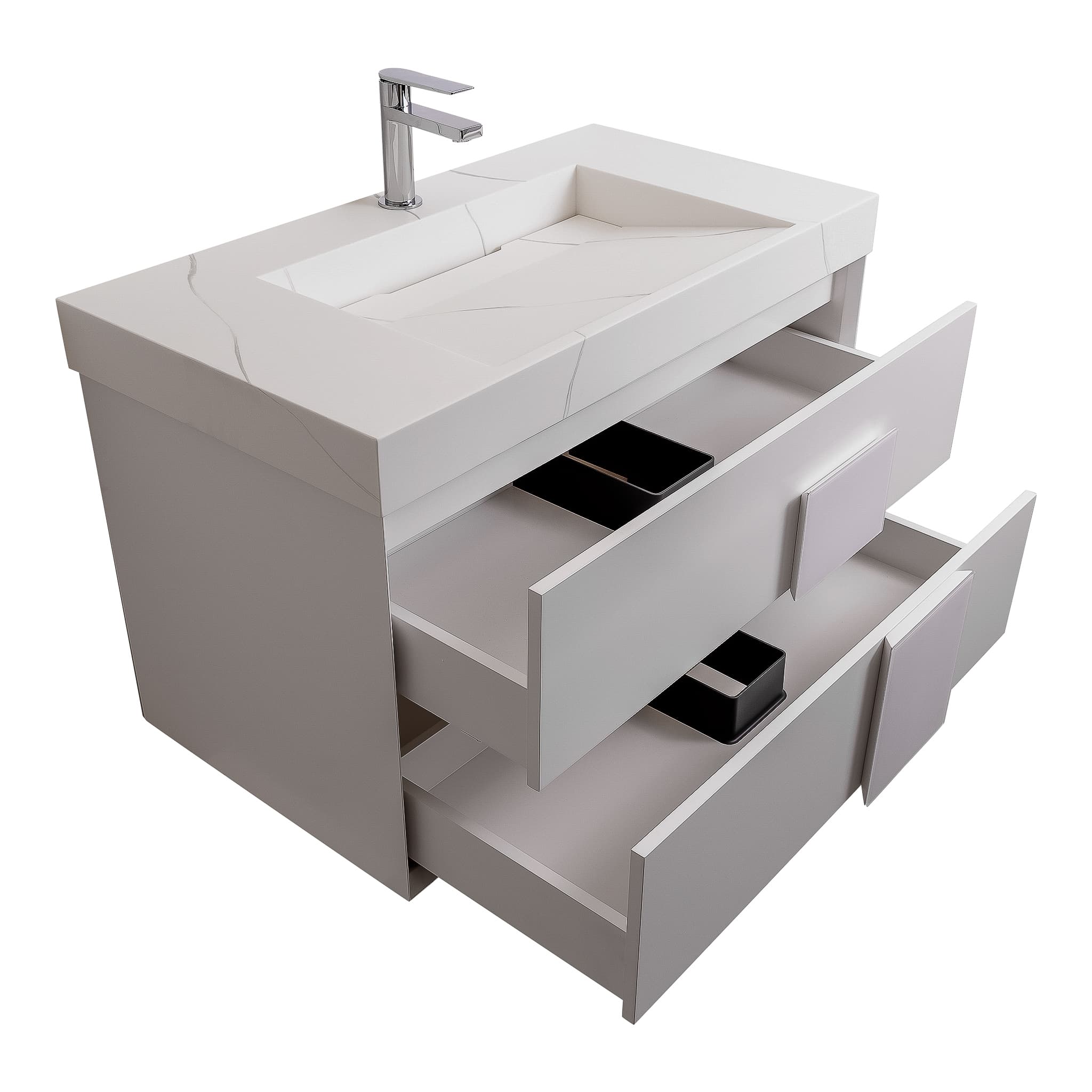 Piazza 31.5 Matte White With White Handle Cabinet, Solid Surface Matte White Carrara Infinity Sink, Wall Mounted Modern Vanity Set
