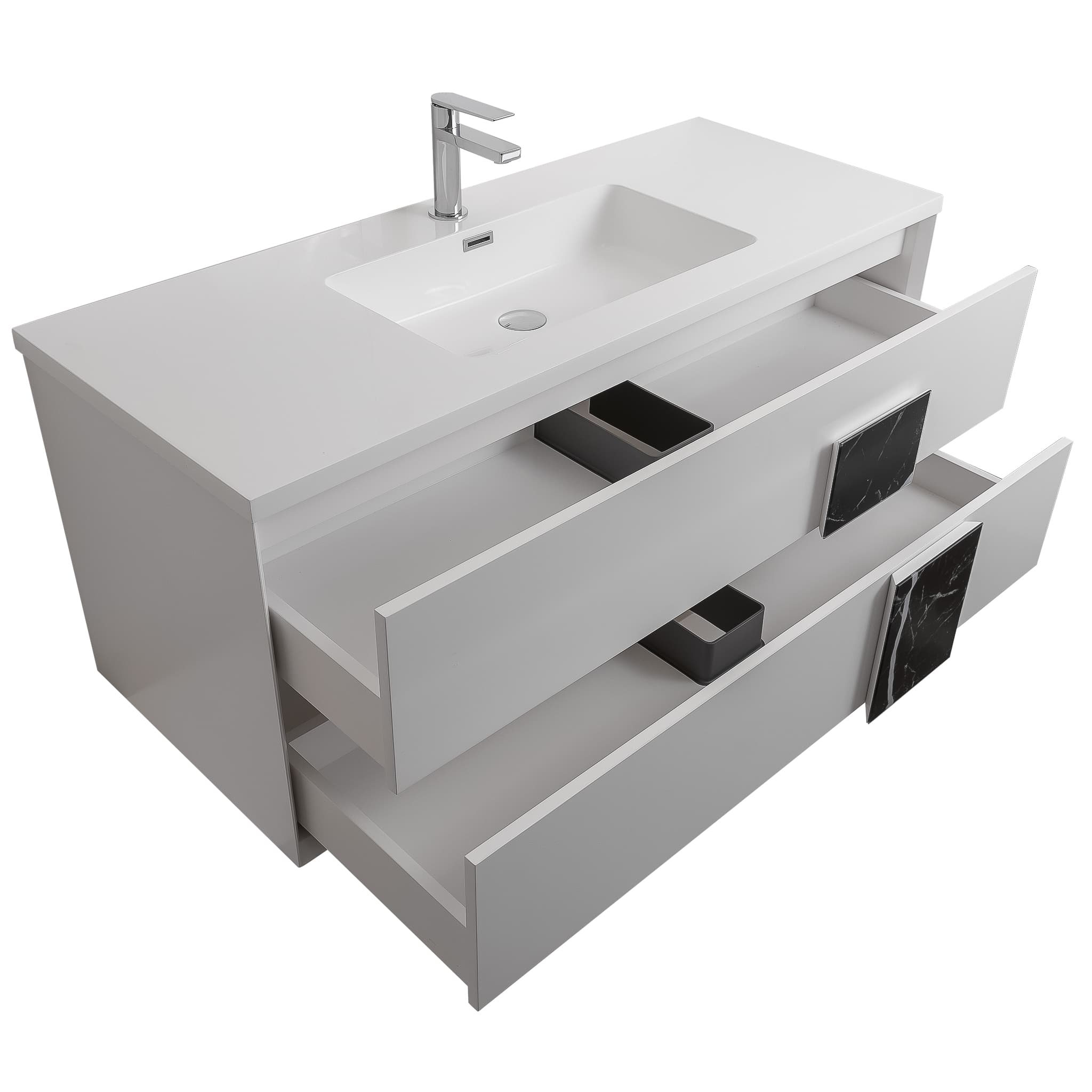 Piazza 47.5 Matte White With Black Marble Handle  Cabinet, Square Cultured Marble Sink, Wall Mounted Modern Vanity Set