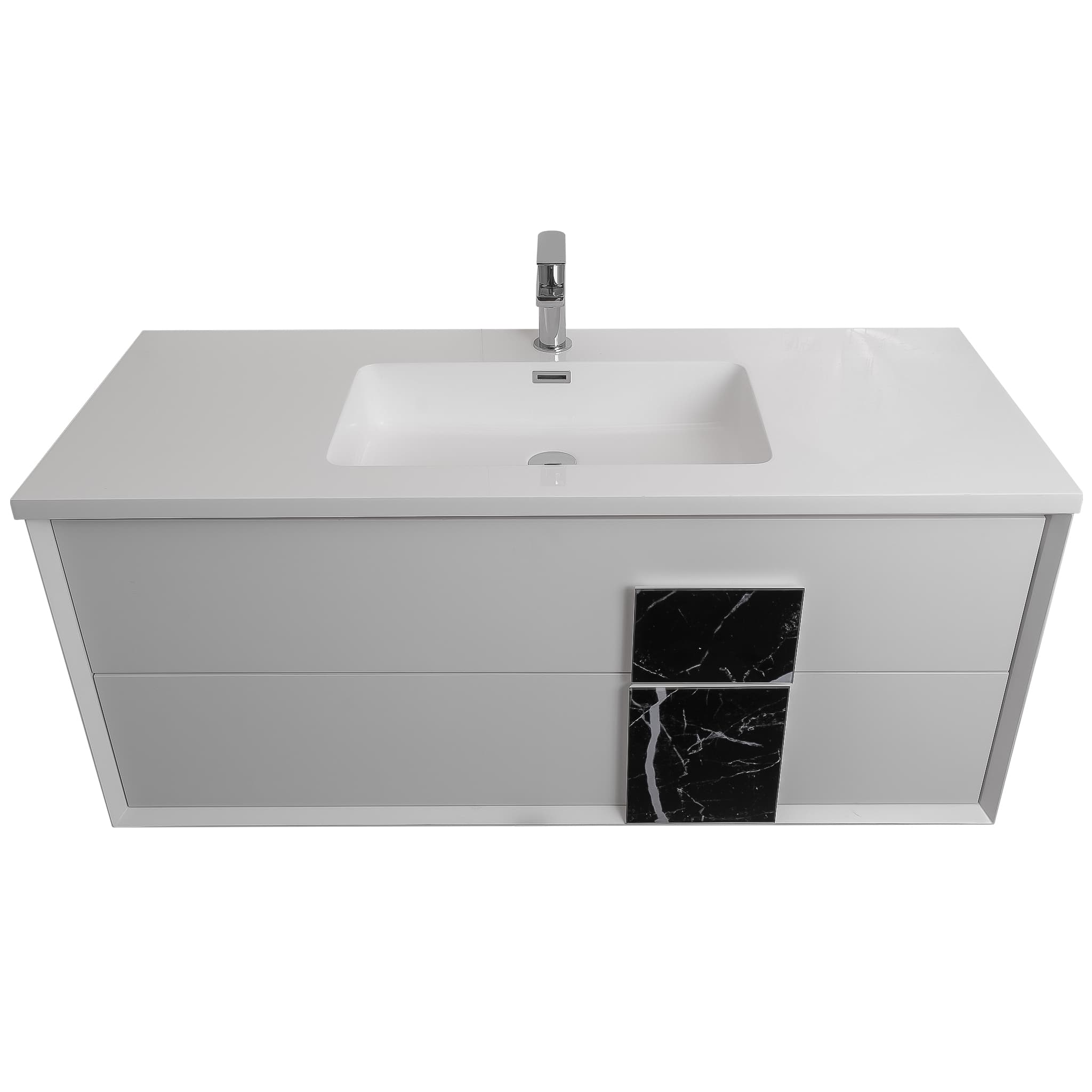 Piazza 47.5 Matte White With Black Marble Handle  Cabinet, Square Cultured Marble Sink, Wall Mounted Modern Vanity Set