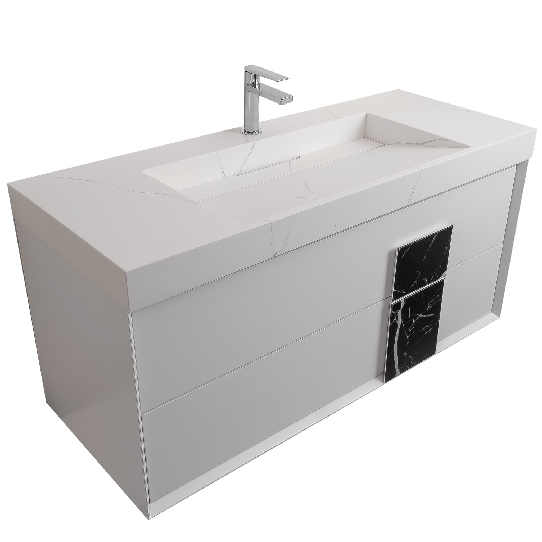 Piazza 47.5 Matte White With Black Marble Handle Cabinet, Solid Surface Matte White Carrara Infinity Sink, Wall Mounted Modern Vanity Set
