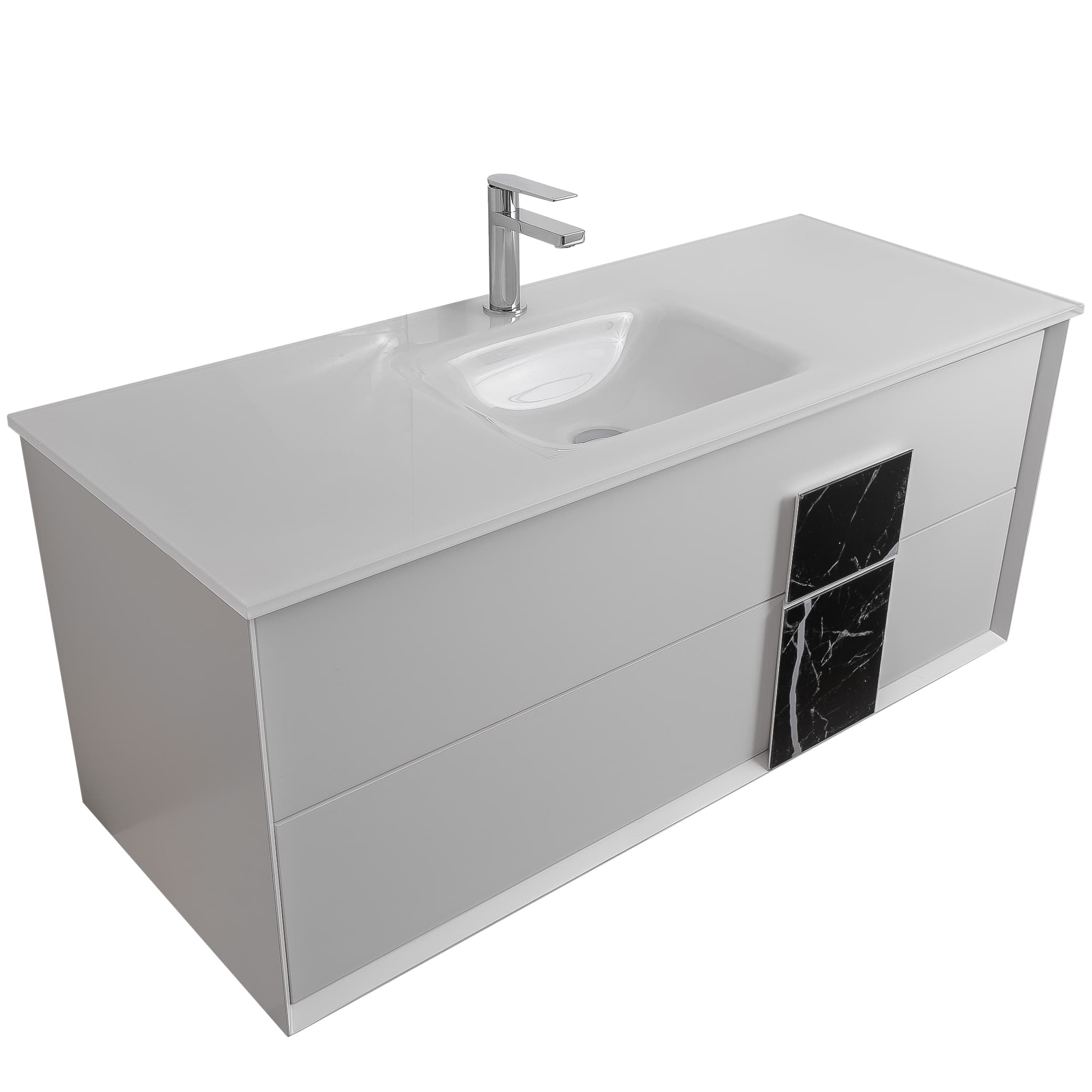Piazza 47.5 Matte White With Black Marble Handle Cabinet, White Tempered Glass Sink, Wall Mounted Modern Vanity Set