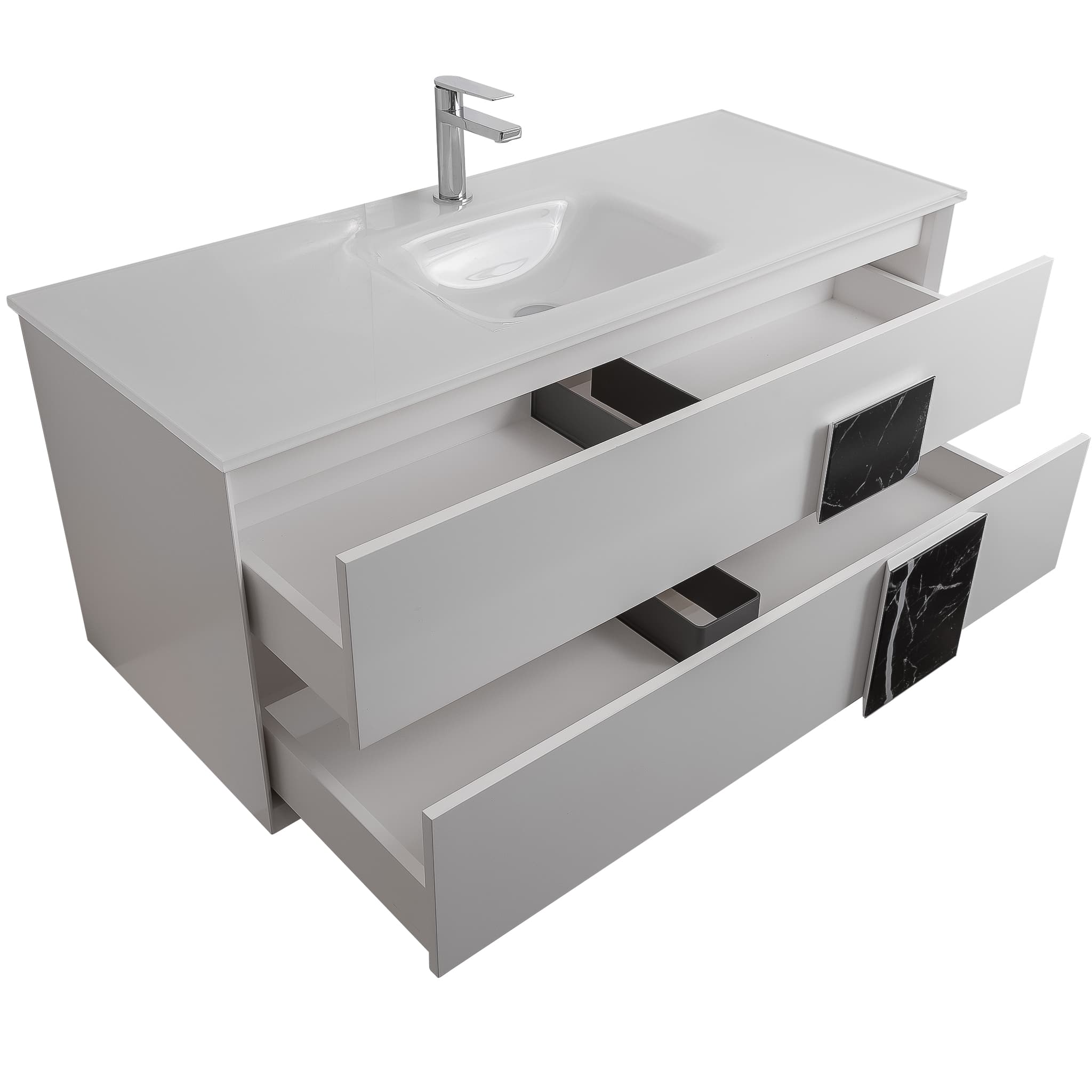 Piazza 47.5 Matte White With Black Marble Handle Cabinet, White Tempered Glass Sink, Wall Mounted Modern Vanity Set