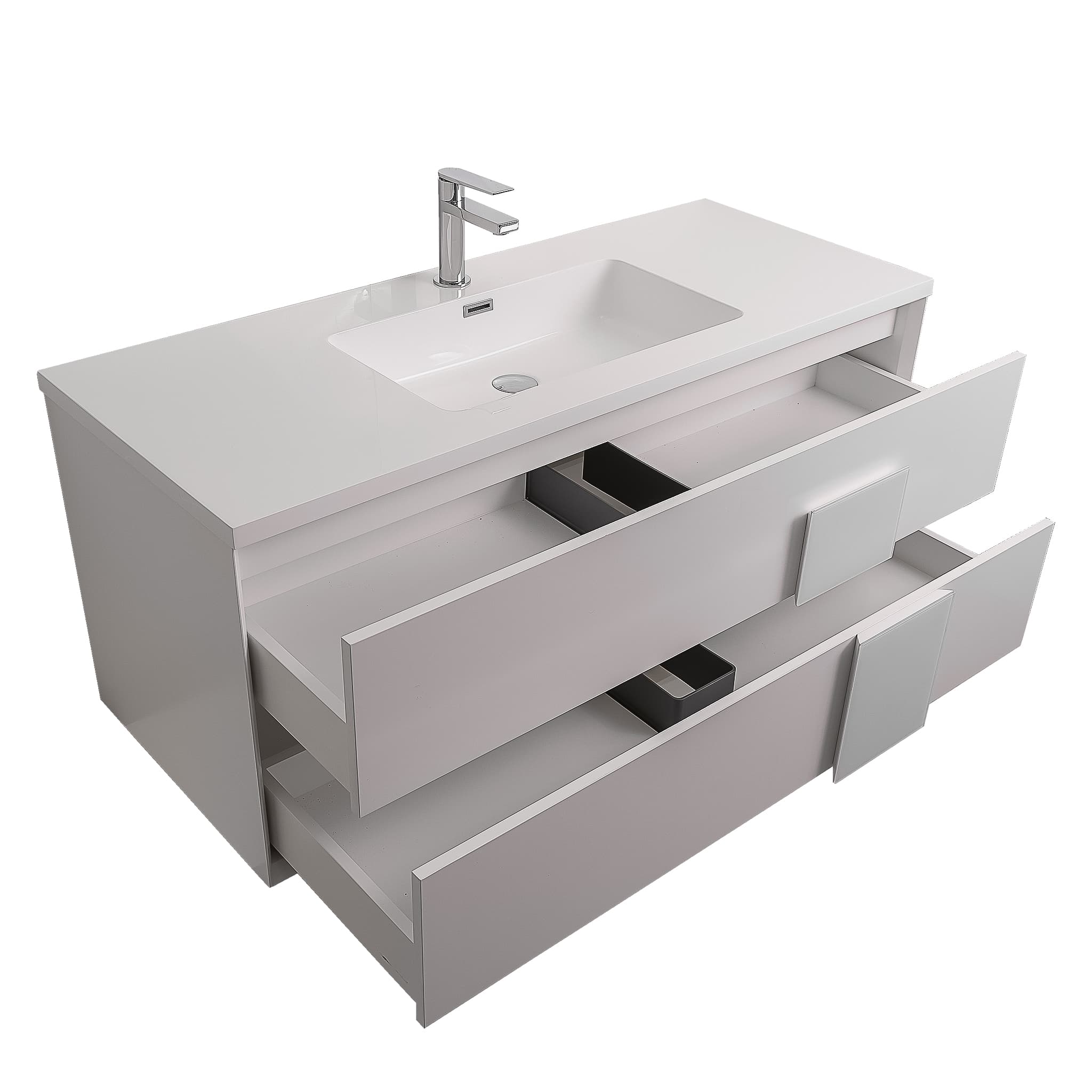 Piazza 47.5 Matte White With White Handle  Cabinet, Square Cultured Marble Sink, Wall Mounted Modern Vanity Set
