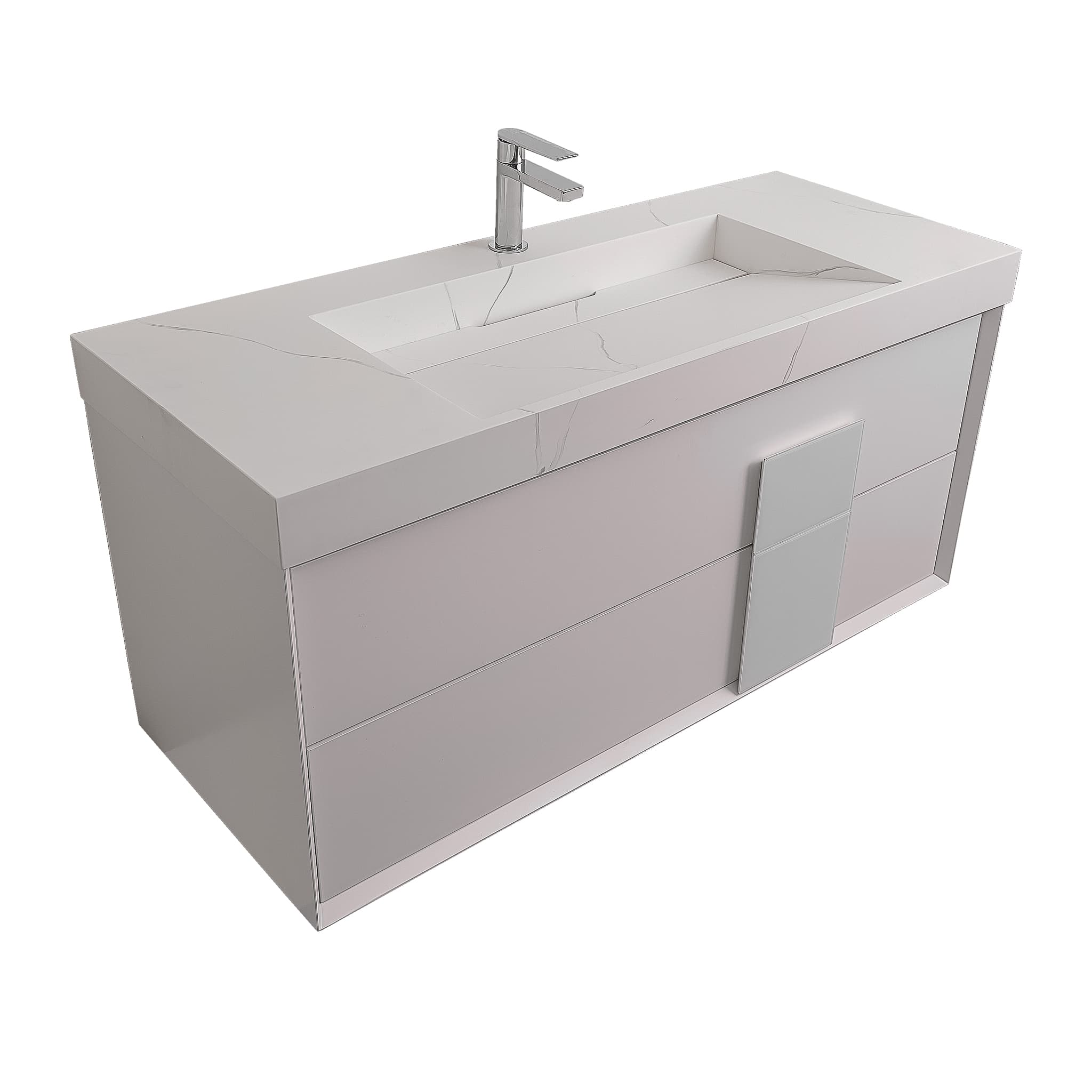 Piazza 47.5 Matte White With White Handle Cabinet, Solid Surface Matte White Carrara Infinity Sink, Wall Mounted Modern Vanity Set