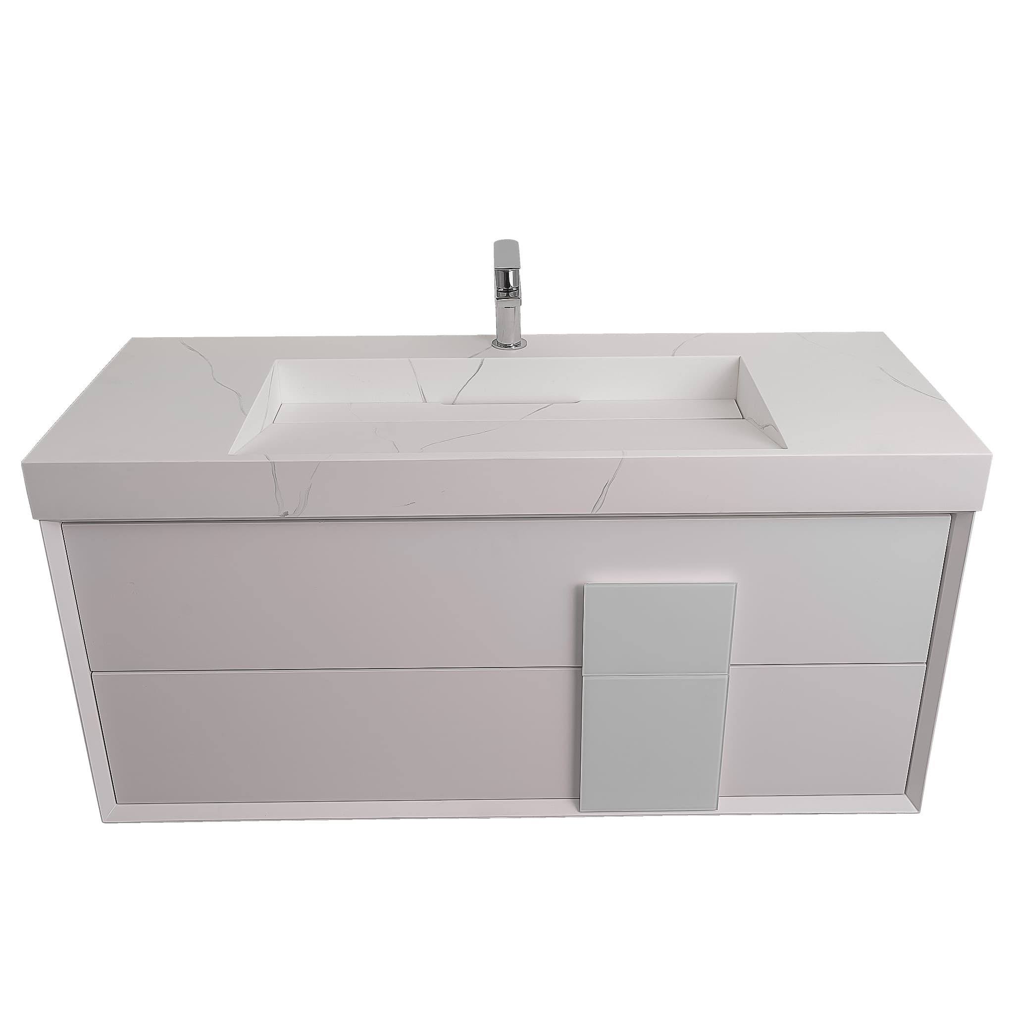 Piazza 47.5 Matte White With White Handle Cabinet, Solid Surface Matte White Carrara Infinity Sink, Wall Mounted Modern Vanity Set