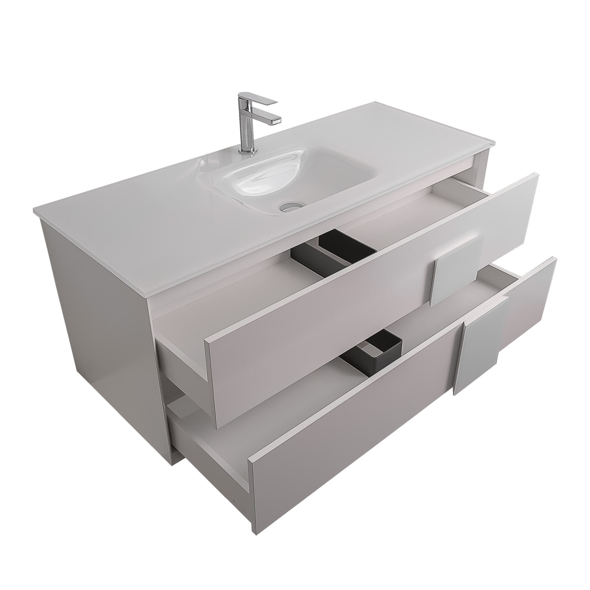Piazza 47.5 Matte White With White Handle Cabinet, White Tempered Glass Sink, Wall Mounted Modern Vanity Set