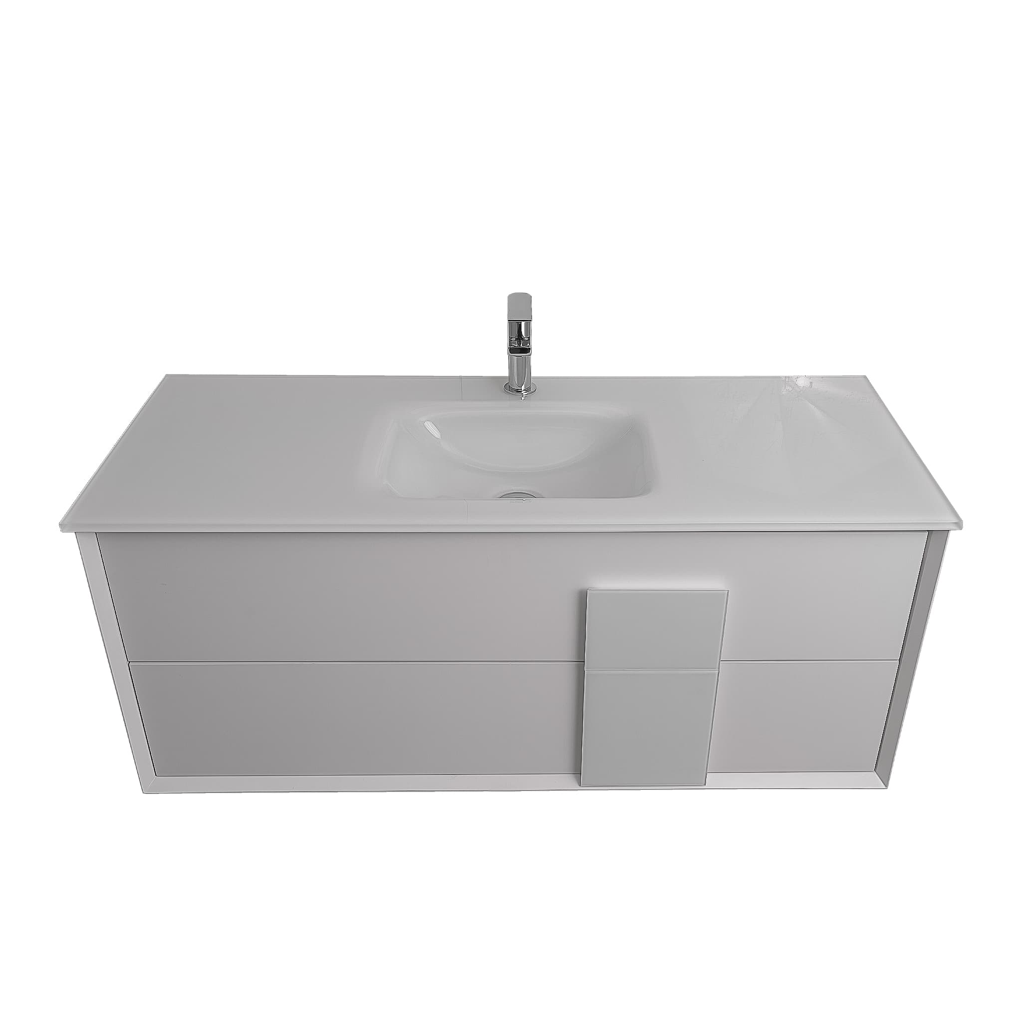 Piazza 47.5 Matte White With White Handle Cabinet, White Tempered Glass Sink, Wall Mounted Modern Vanity Set