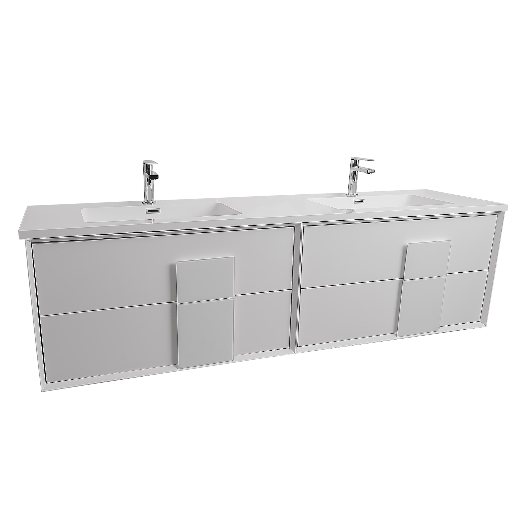 Piazza 63 Matte White With White Handle  Cabinet, Square Cultured Marble Double Sink, Wall Mounted Modern Vanity Set 