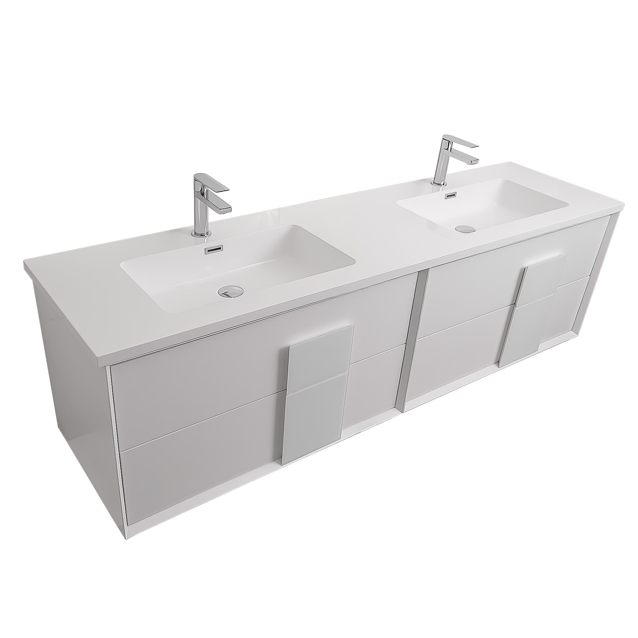 Piazza 63 Matte White With White Handle  Cabinet, Square Cultured Marble Double Sink, Wall Mounted Modern Vanity Set 