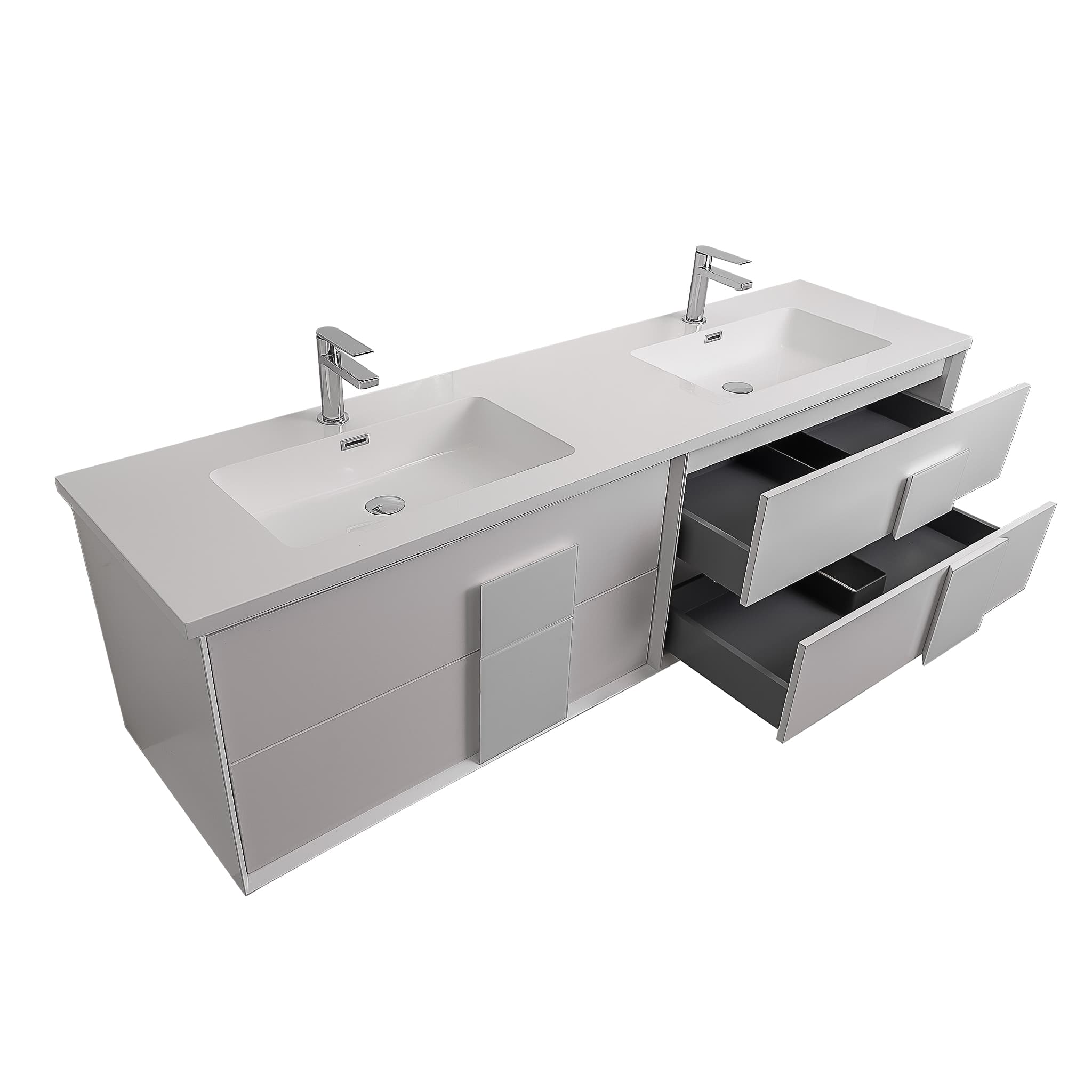 Piazza 63 Matte White With White Handle  Cabinet, Square Cultured Marble Double Sink, Wall Mounted Modern Vanity Set