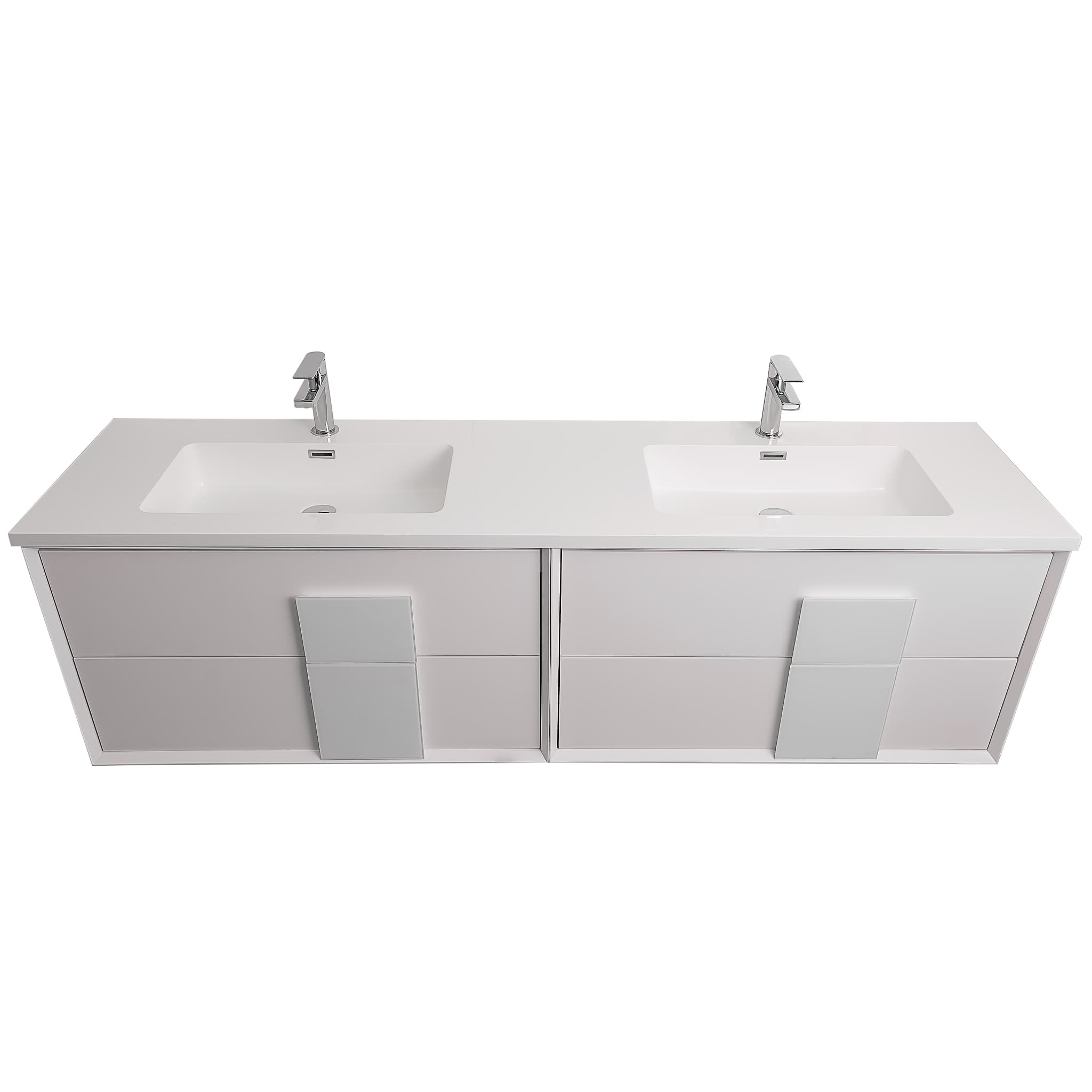 Piazza 63 Matte White With White Handle  Cabinet, Square Cultured Marble Double Sink, Wall Mounted Modern Vanity Set