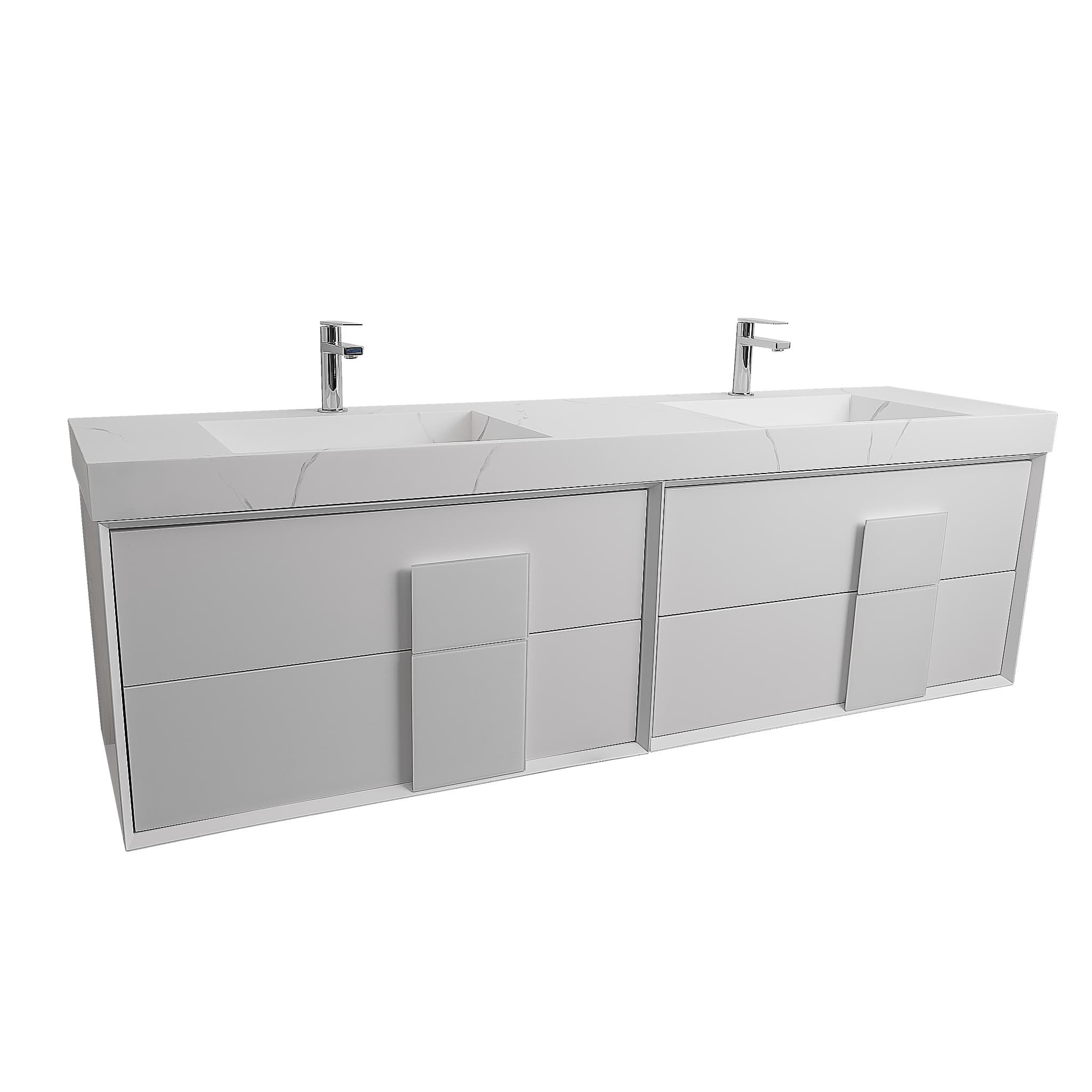 Piazza 63 Matte White With White Handle Cabinet, Solid Surface Matte White Carrara Infinity Double Sink, Wall Mounted Modern Vanity Set 