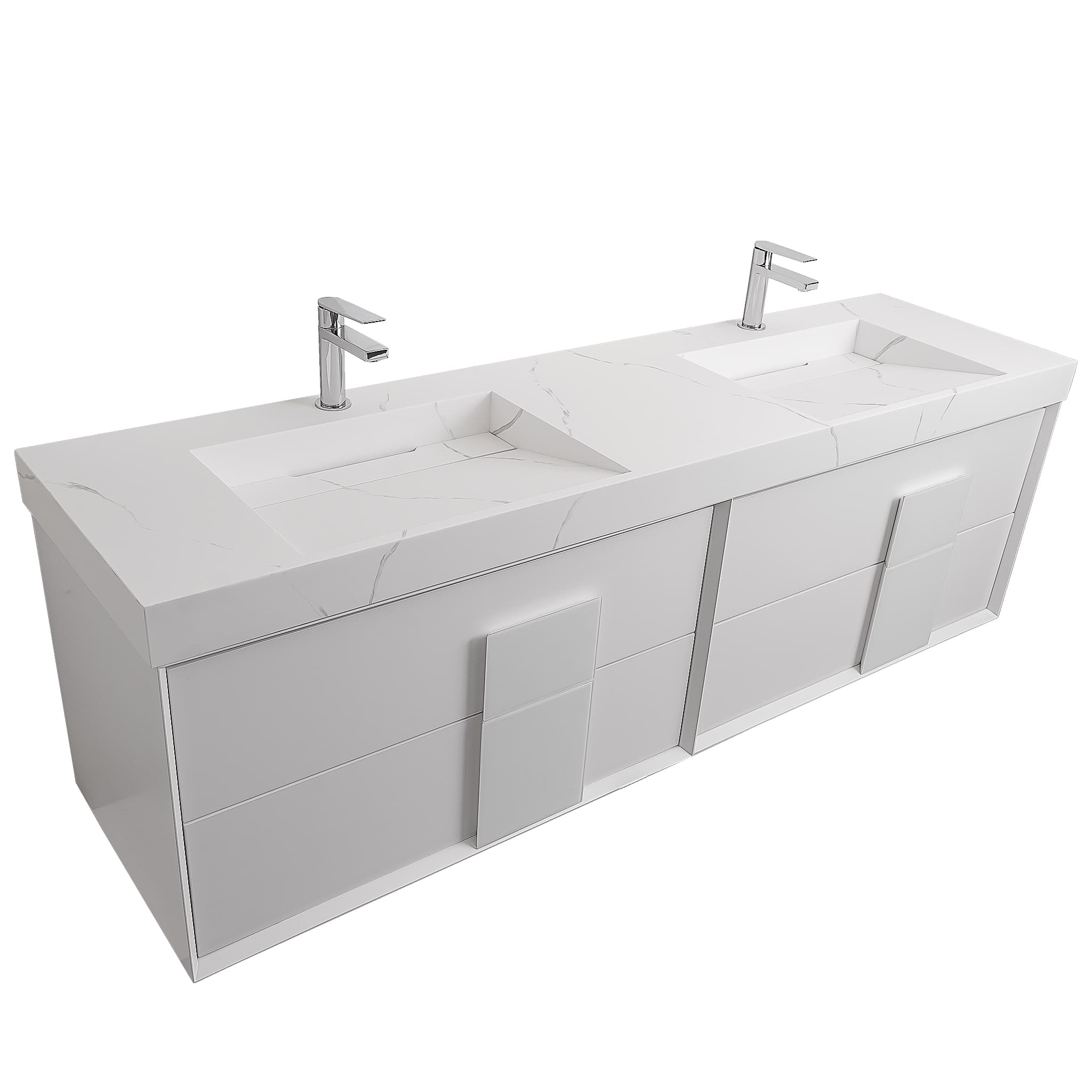 Piazza 63 Matte White With White Handle Cabinet, Solid Surface Matte White Carrara Infinity Double Sink, Wall Mounted Modern Vanity Set 