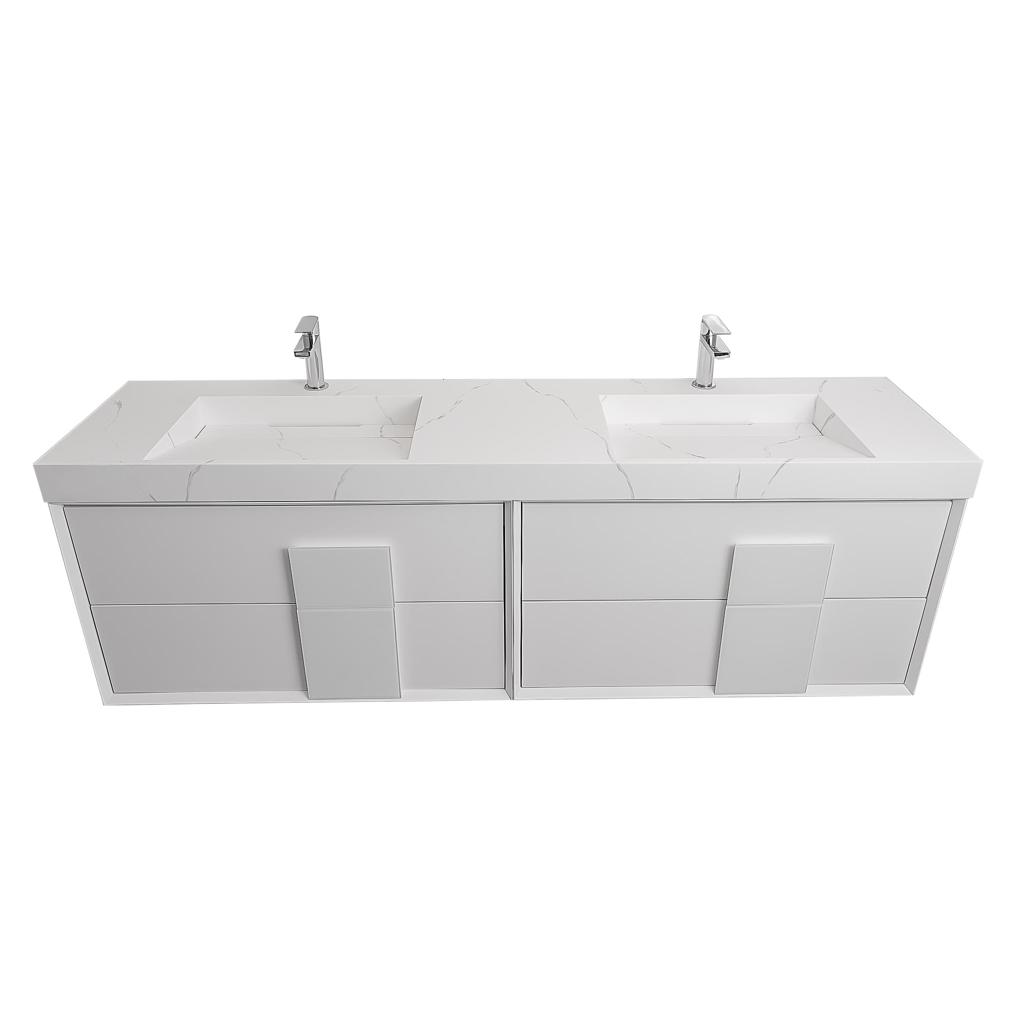 Piazza 63 Matte White With White Handle Cabinet, Solid Surface Matte White Carrara Infinity Double Sink, Wall Mounted Modern Vanity Set