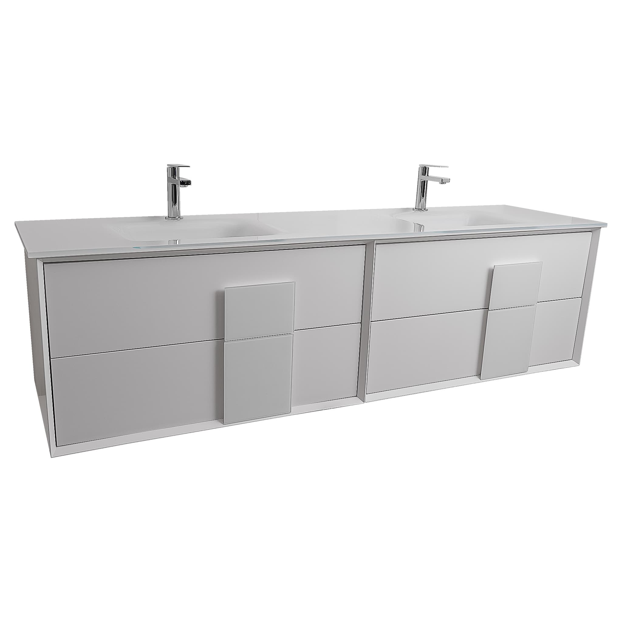 Piazza 63 Matte White With White Handle Cabinet,  White Tempered Glass Double Sink, Wall Mounted Modern Vanity Set