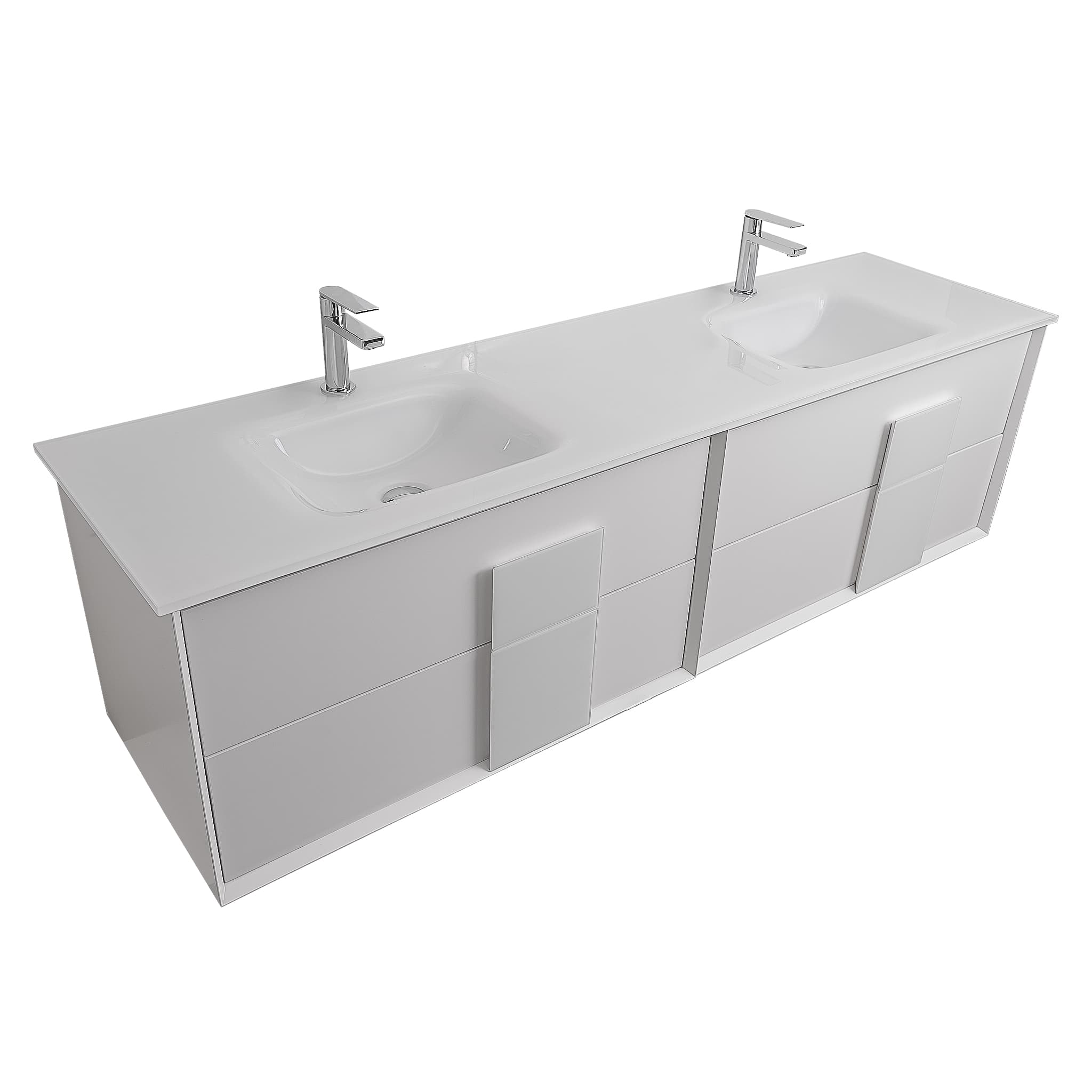Piazza 63 Matte White With White Handle Cabinet,  White Tempered Glass Double Sink, Wall Mounted Modern Vanity Set