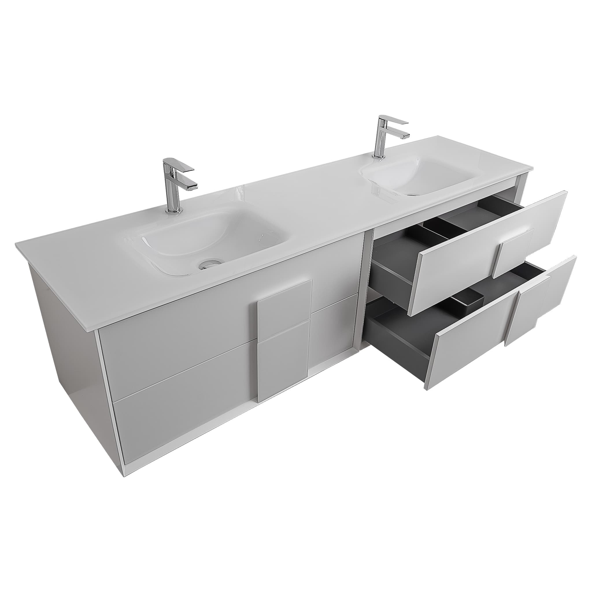 Piazza 63 Matte White With White Handle Cabinet,  White Tempered Glass Double Sink, Wall Mounted Modern Vanity Set
