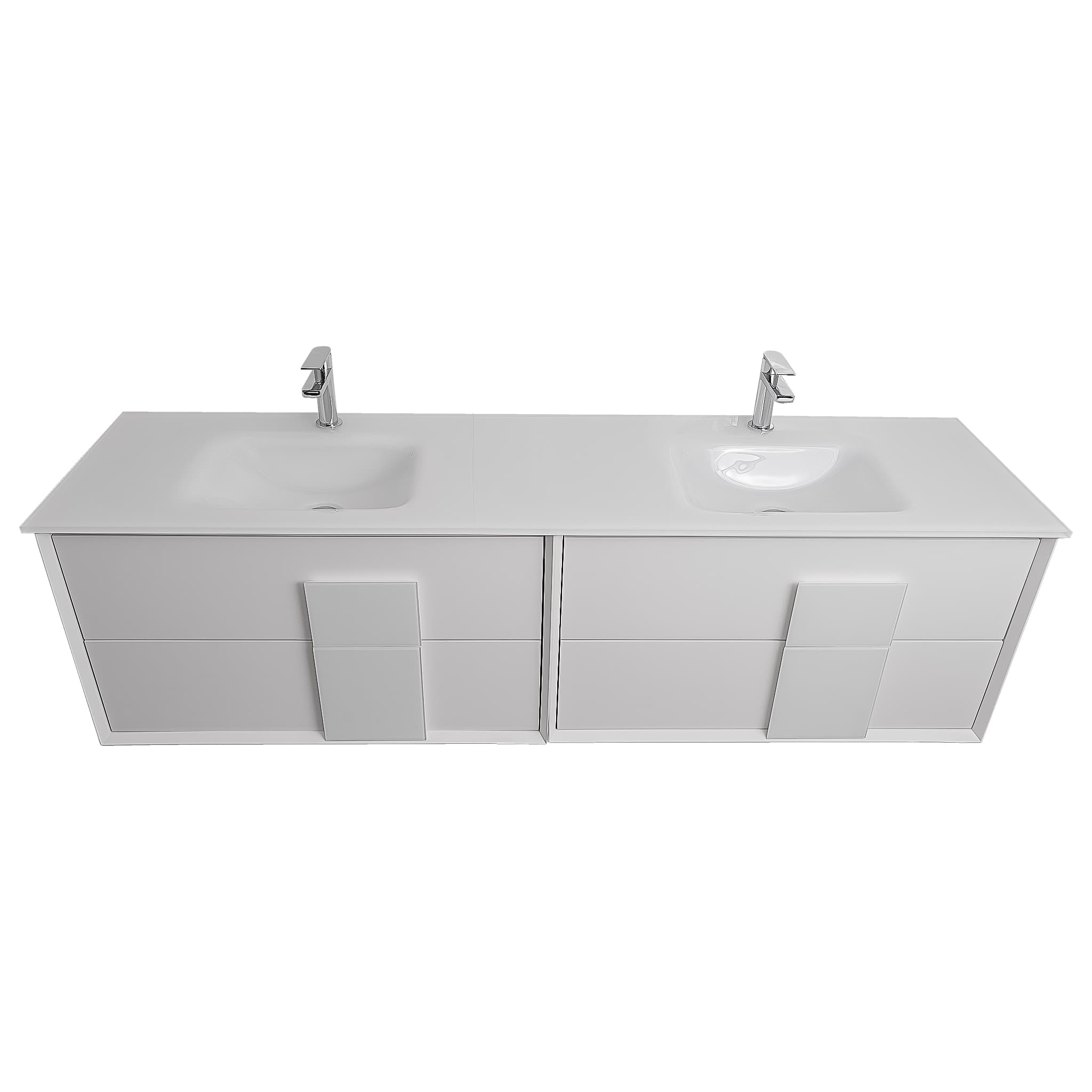 Piazza 63 Matte White With White Handle Cabinet,  White Tempered Glass Double Sink, Wall Mounted Modern Vanity Set