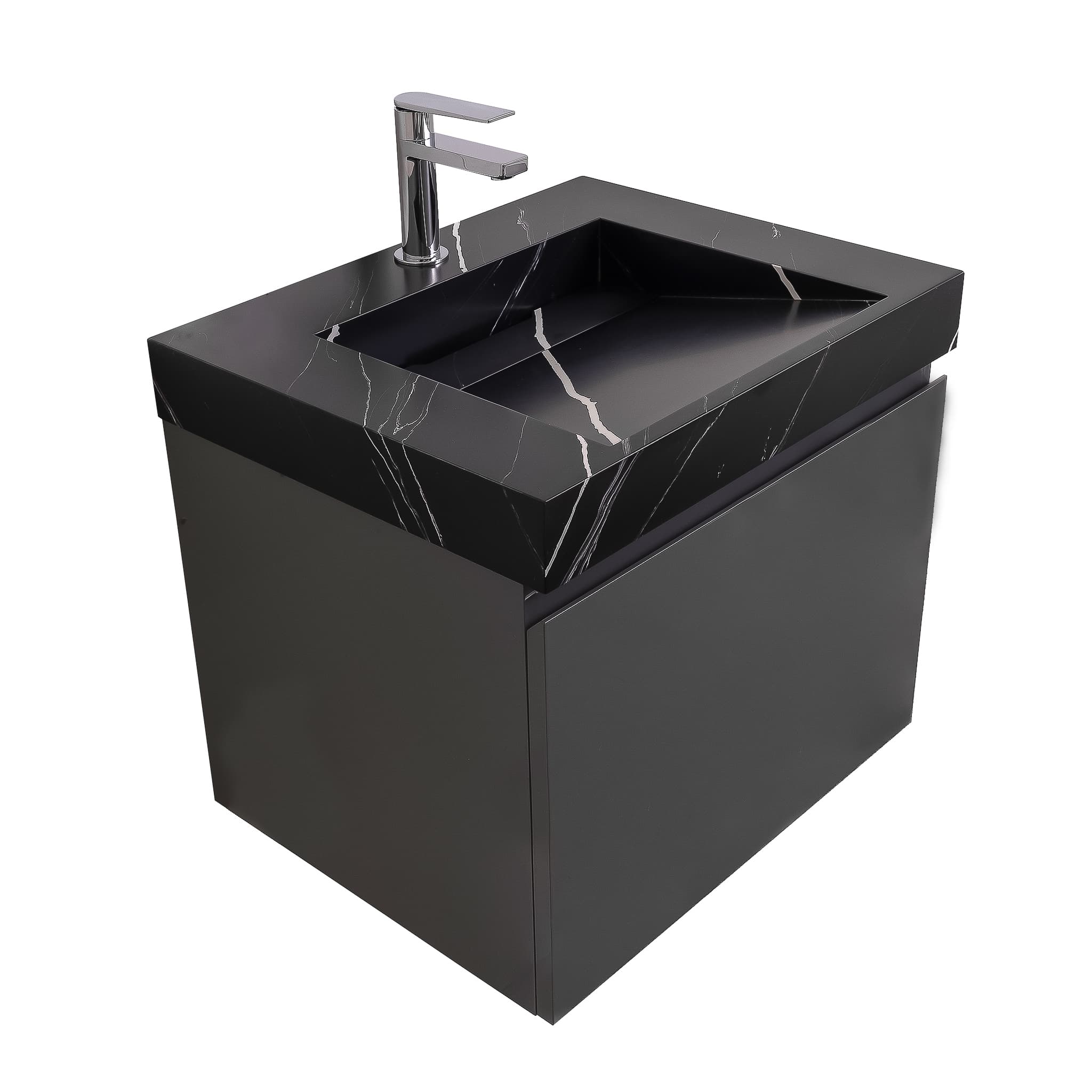 Venice 23.5 Anthracite High Gloss Cabinet, Solid Surface Matte Black Carrara Infinity Sink, Wall Mounted Modern Vanity Set