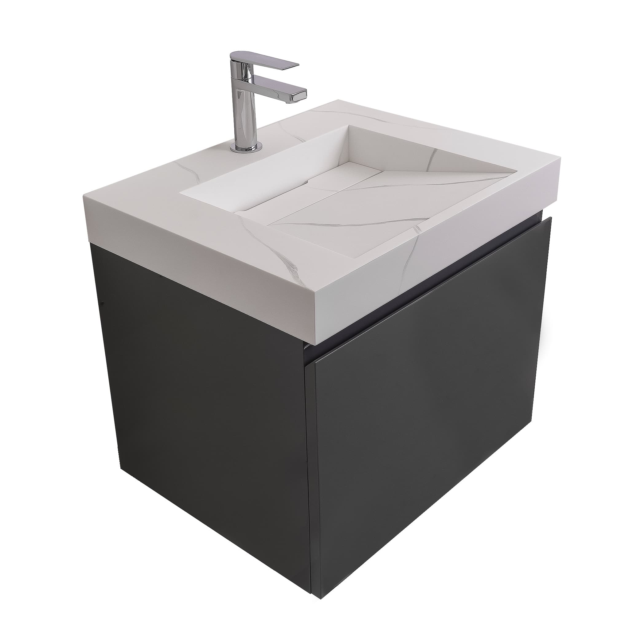 Venice 23.5 Anthracite High Gloss Cabinet, Solid Surface Matte White Top Carrara Infinity Sink, Wall Mounted Modern Vanity Set