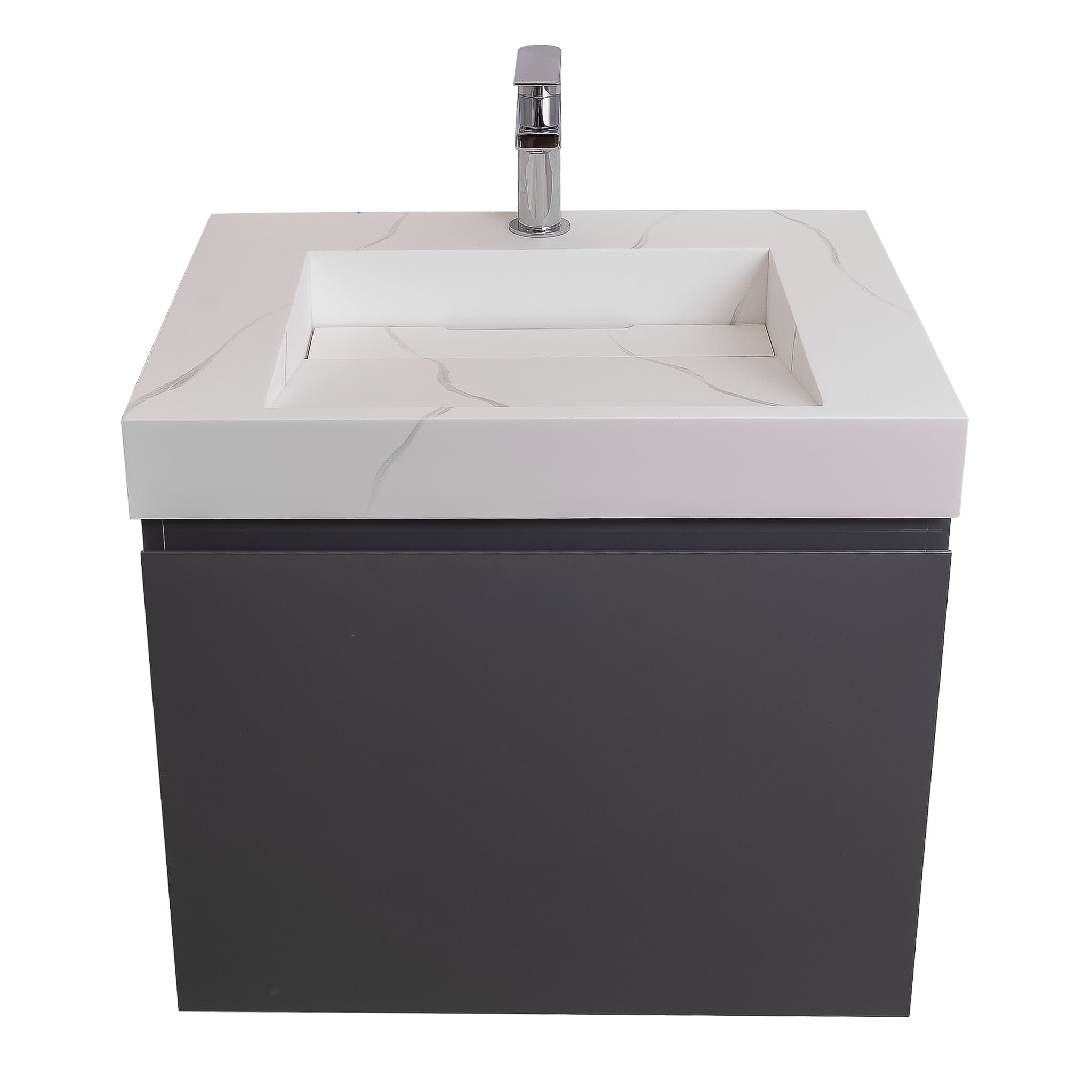 Venice 23.5 Anthracite High Gloss Cabinet, Solid Surface Matte White Top Carrara Infinity Sink, Wall Mounted Modern Vanity Set