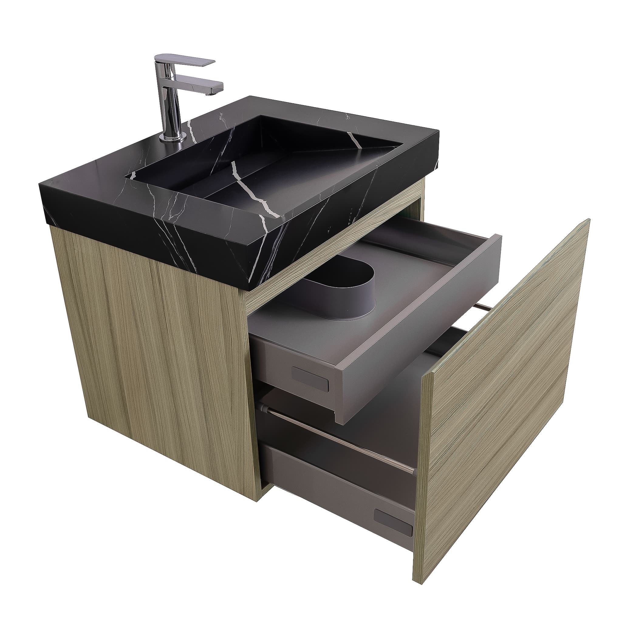 Venice 23.5 Nilo Grey Wood Texture Cabinet, Solid Surface Matte Black Carrara Infinity Sink, Wall Mounted Modern Vanity Set
