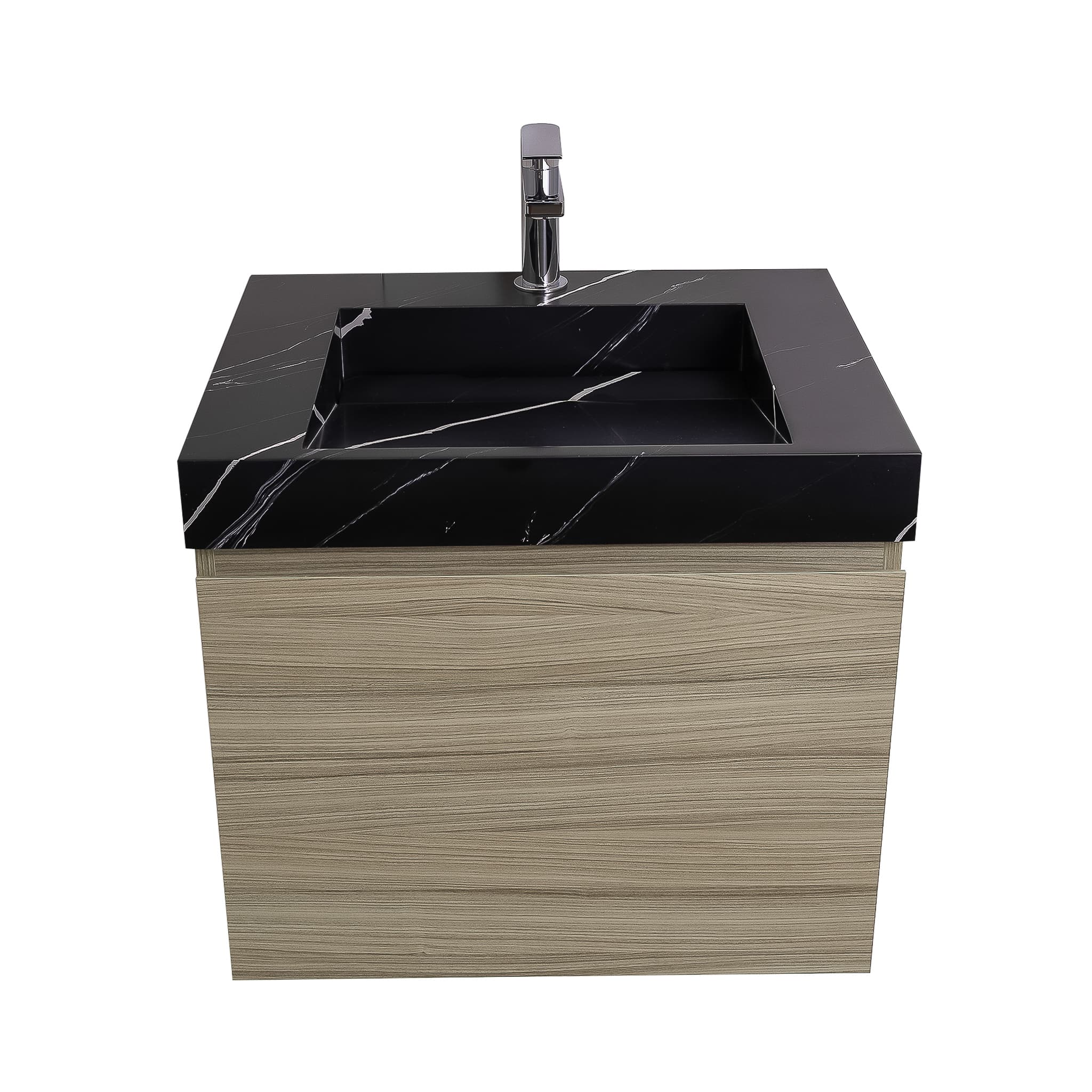 Venice 23.5 Nilo Grey Wood Texture Cabinet, Solid Surface Matte Black Carrara Infinity Sink, Wall Mounted Modern Vanity Set