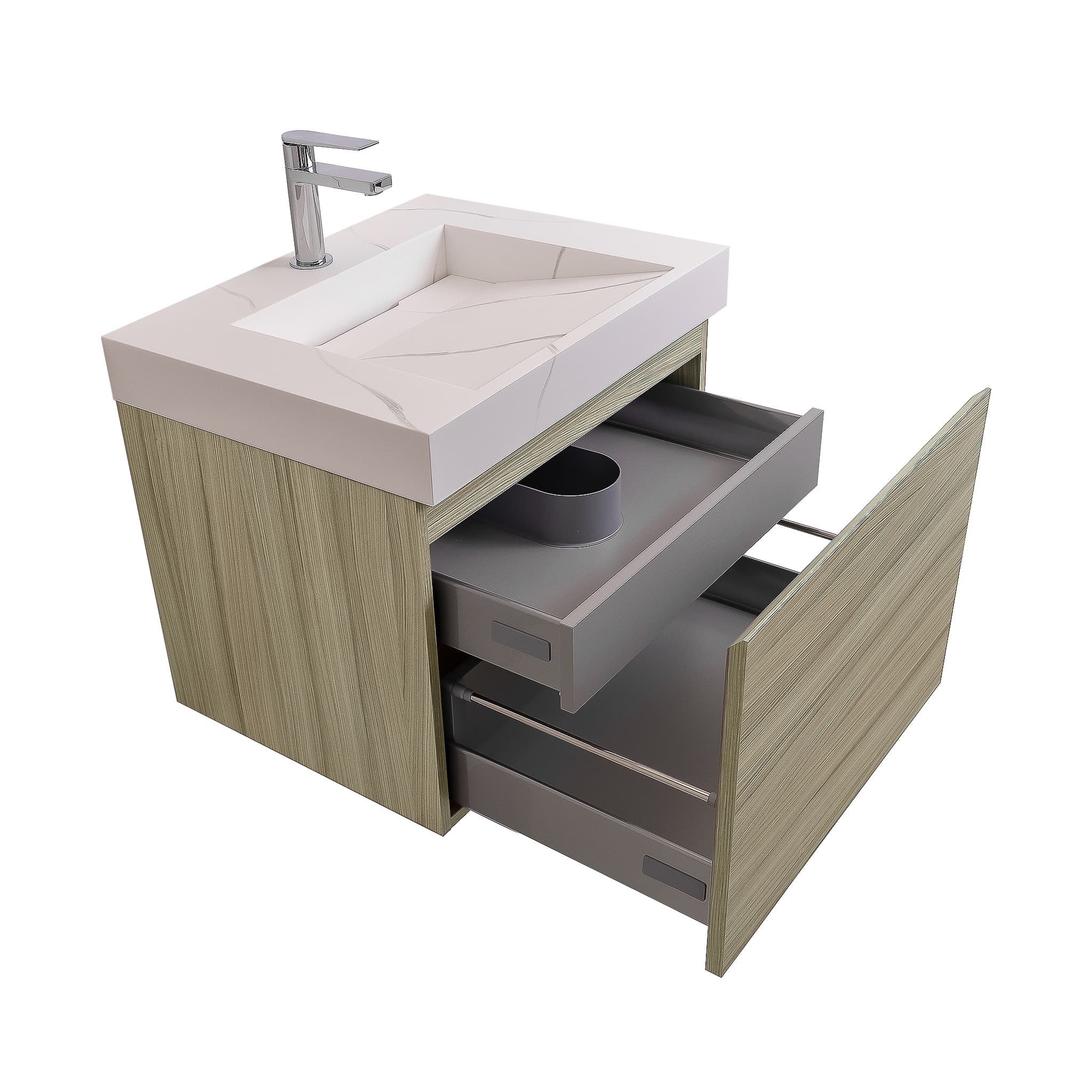 Venice 23.5 Nilo Grey Wood Texture Cabinet, Solid Surface Matte White Top Carrara Infinity Sink, Wall Mounted Modern Vanity Set