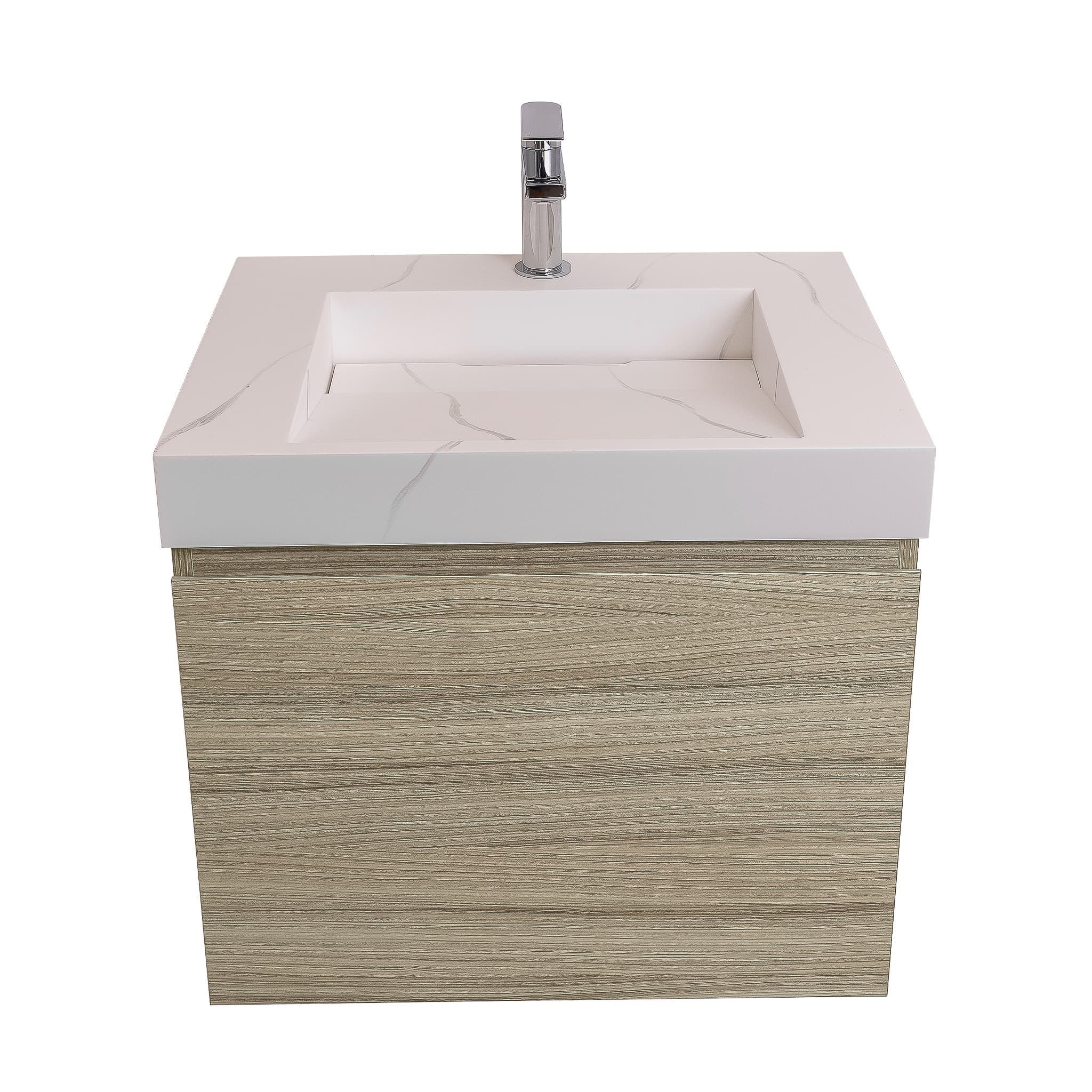 Venice 23.5 Nilo Grey Wood Texture Cabinet, Solid Surface Matte White Top Carrara Infinity Sink, Wall Mounted Modern Vanity Set