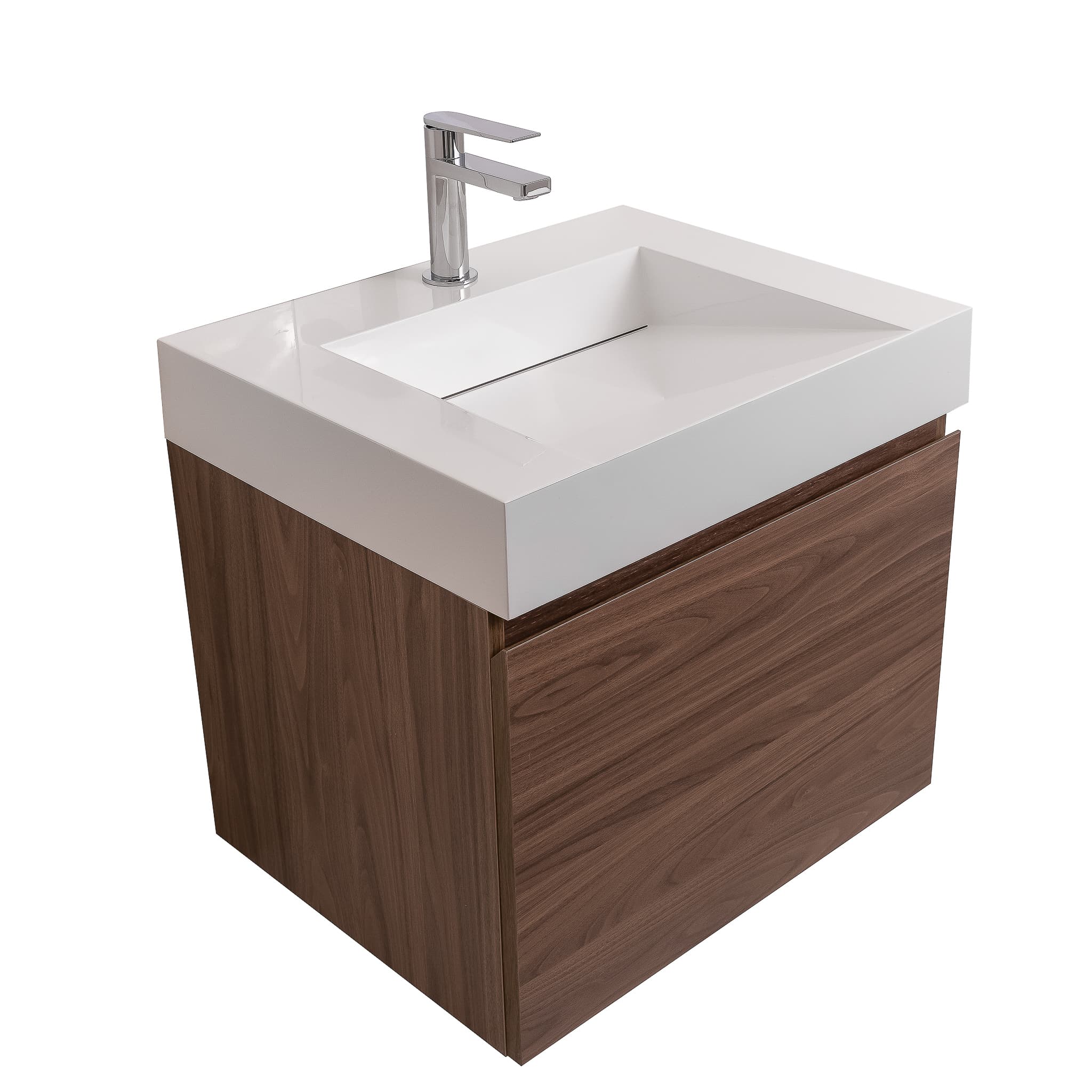 Venice 23.5 Walnut Wood Texture Cabinet, Infinity Cultured Marble Sink, Wall Mounted Modern Vanity Set