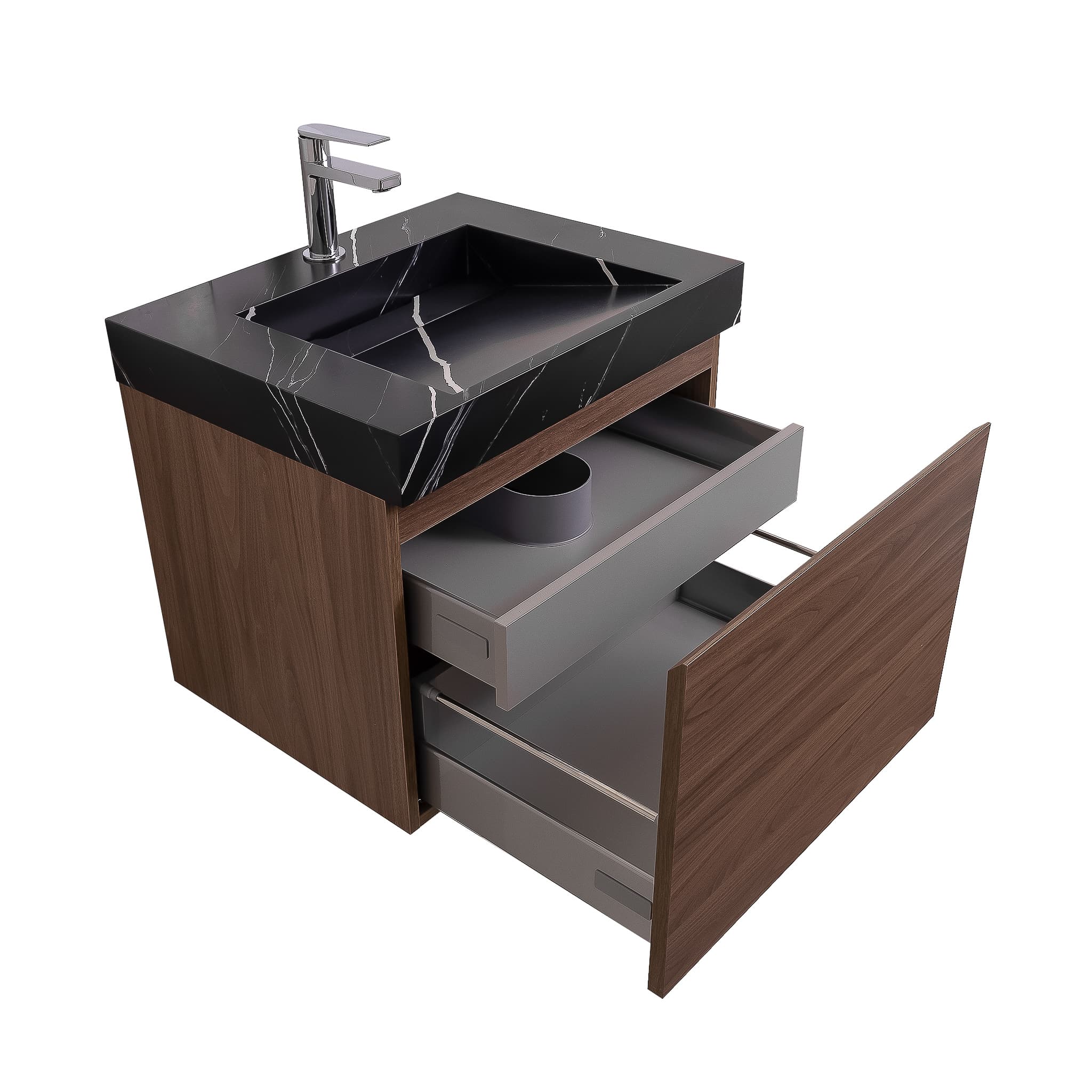 Venice 23.5 Walnut Wood Texture Cabinet, Solid Surface Matte Black Carrara Infinity Sink, Wall Mounted Modern Vanity Set