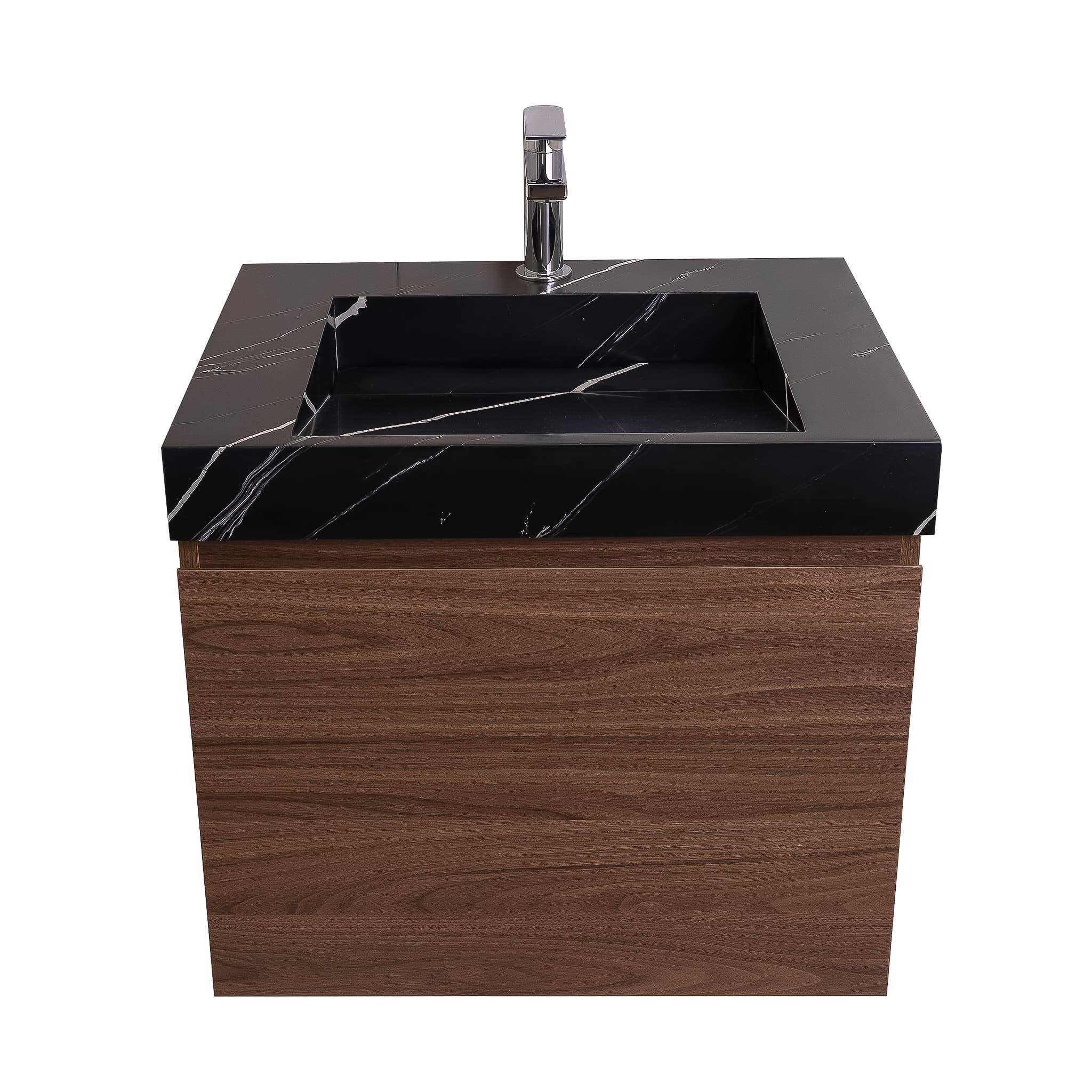 Venice 23.5 Walnut Wood Texture Cabinet, Solid Surface Matte Black Carrara Infinity Sink, Wall Mounted Modern Vanity Set