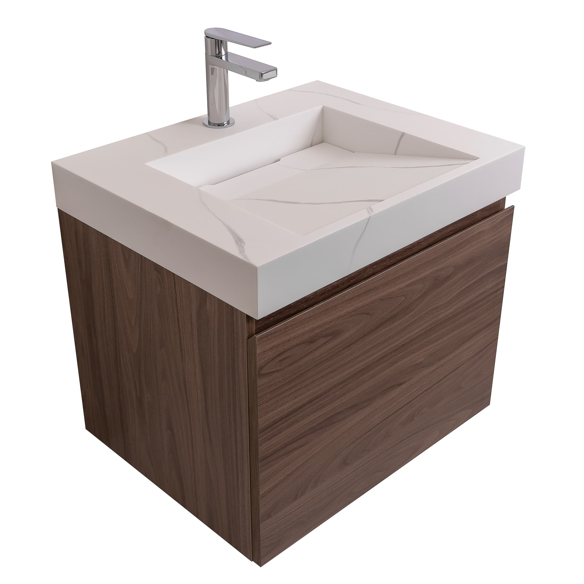 Venice 23.5 Walnut Wood Texture Cabinet, Solid Surface Matte White Top Carrara Infinity Sink, Wall Mounted Modern Vanity Set