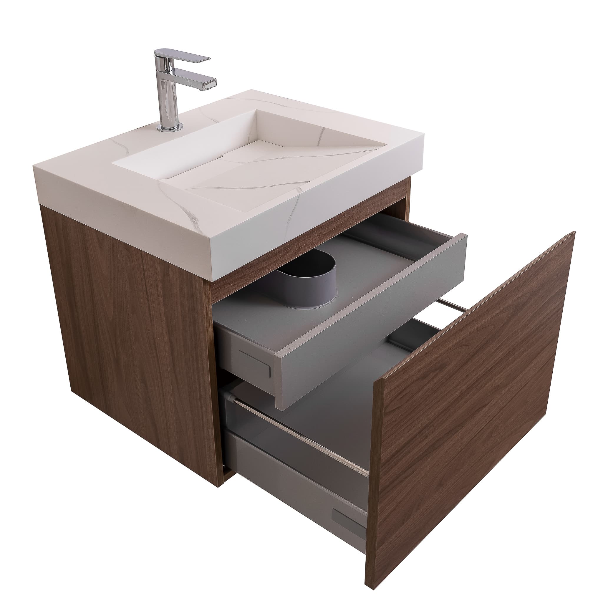 Venice 23.5 Walnut Wood Texture Cabinet, Solid Surface Matte White Top Carrara Infinity Sink, Wall Mounted Modern Vanity Set