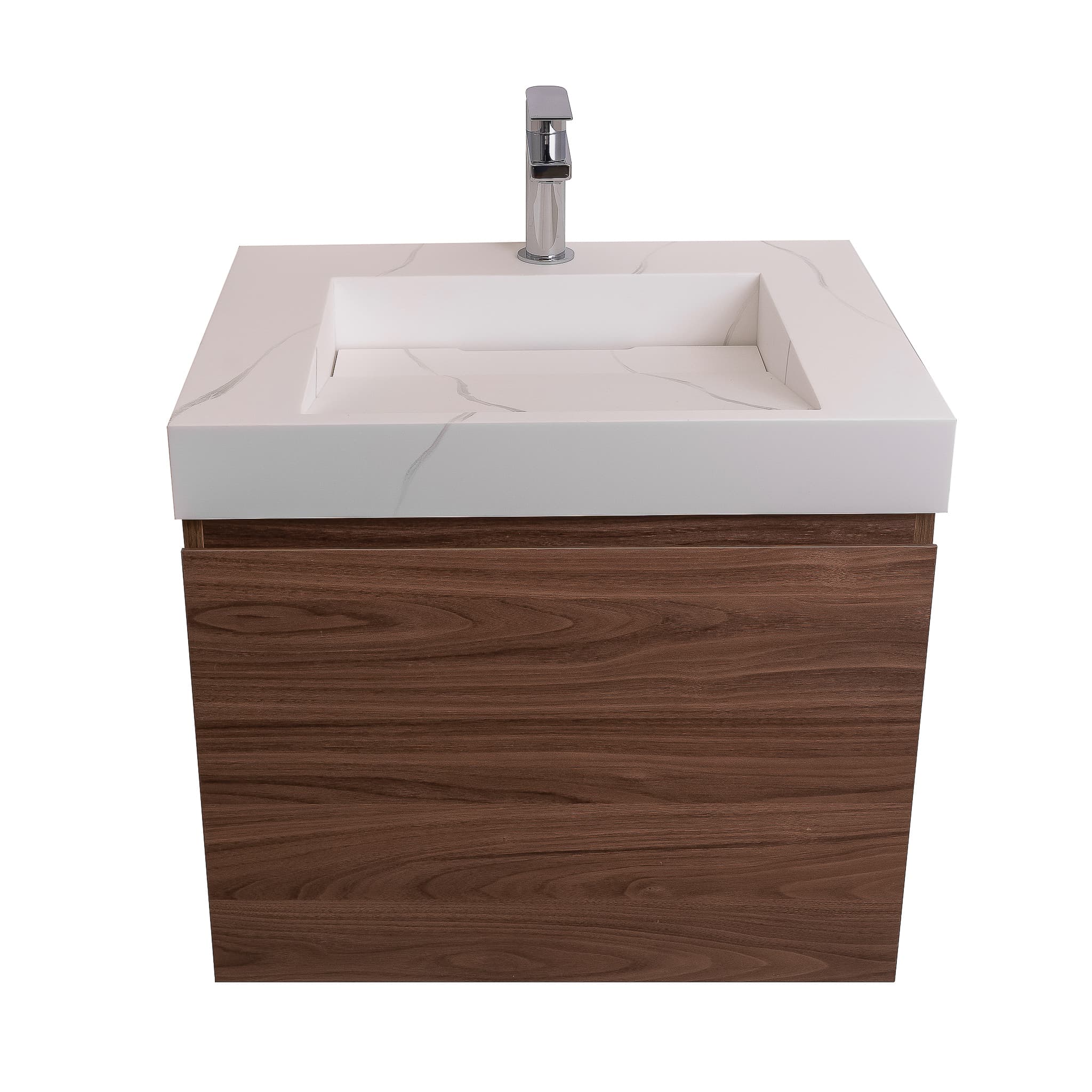 Venice 23.5 Walnut Wood Texture Cabinet, Solid Surface Matte White Top Carrara Infinity Sink, Wall Mounted Modern Vanity Set
