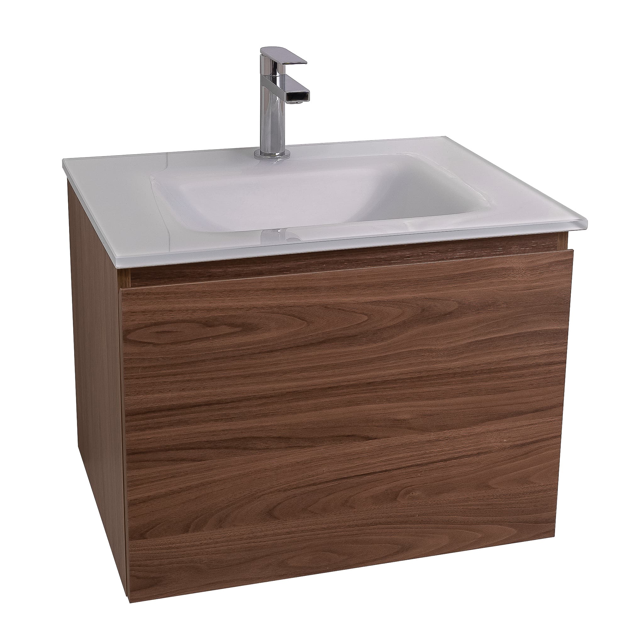 Venice 23.5 Walnut Wood Texture Cabinet, White Tempered Glass Sink, Wall Mounted Modern Vanity Set