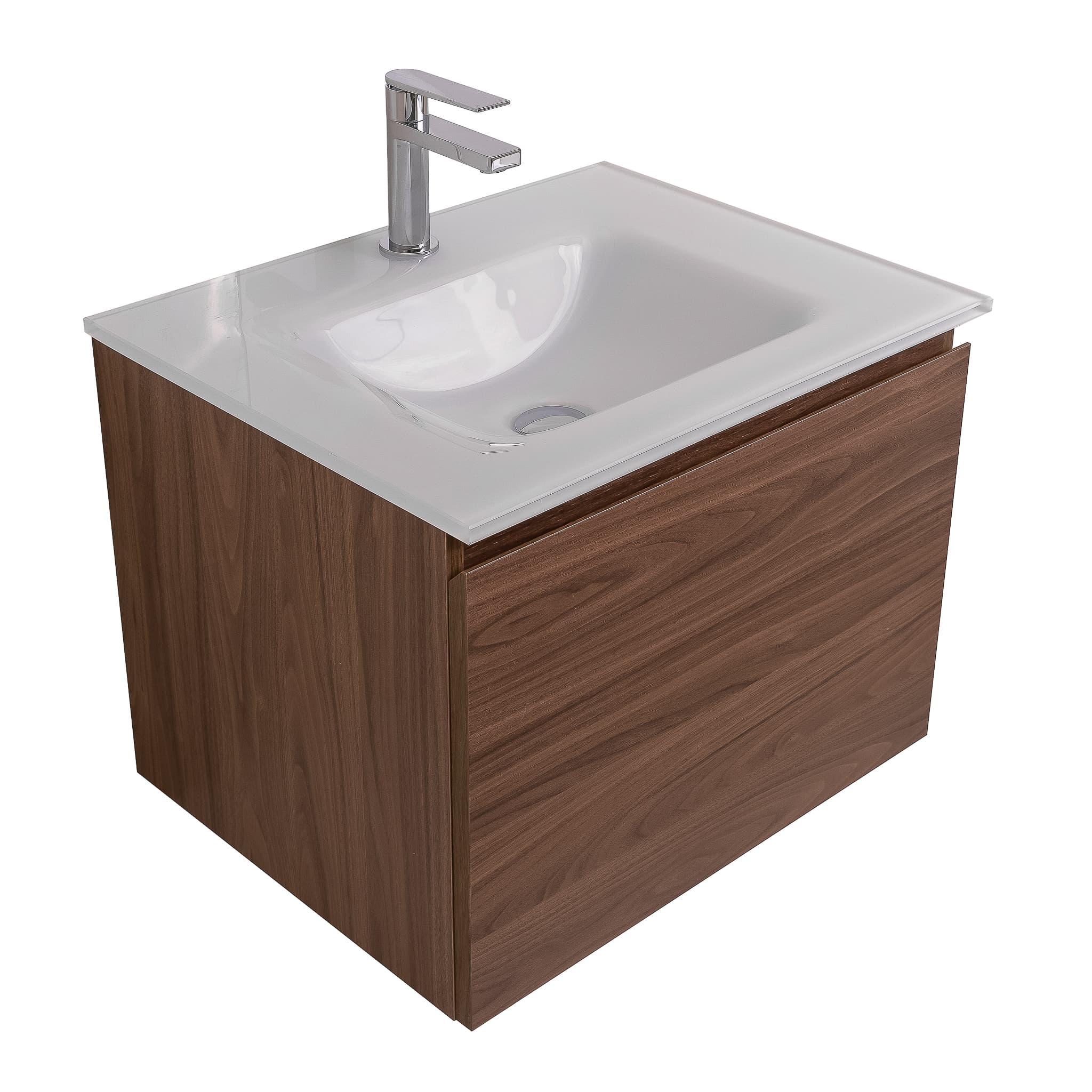 Venice 23.5 Walnut Wood Texture Cabinet, White Tempered Glass Sink, Wall Mounted Modern Vanity Set