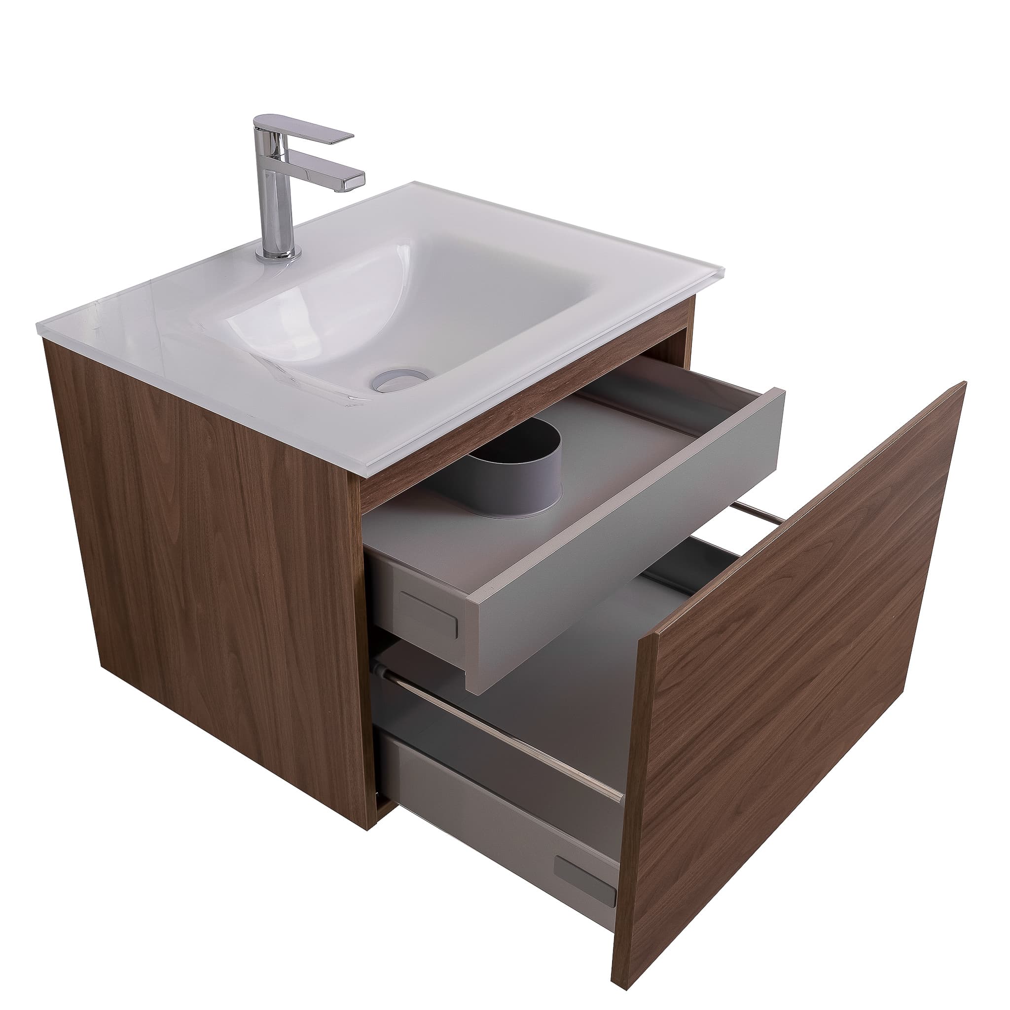 Venice 23.5 Walnut Wood Texture Cabinet, White Tempered Glass Sink, Wall Mounted Modern Vanity Set