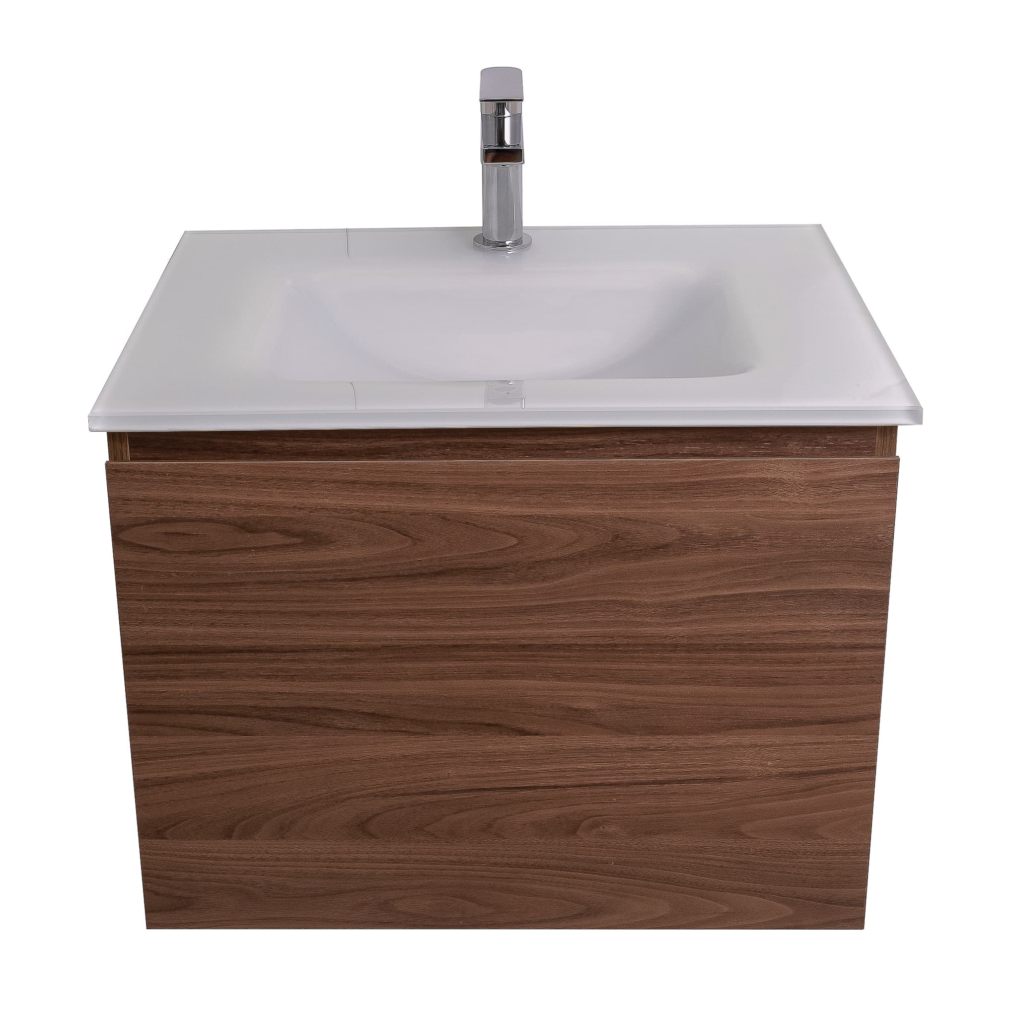 Venice 23.5 Walnut Wood Texture Cabinet, White Tempered Glass Sink, Wall Mounted Modern Vanity Set