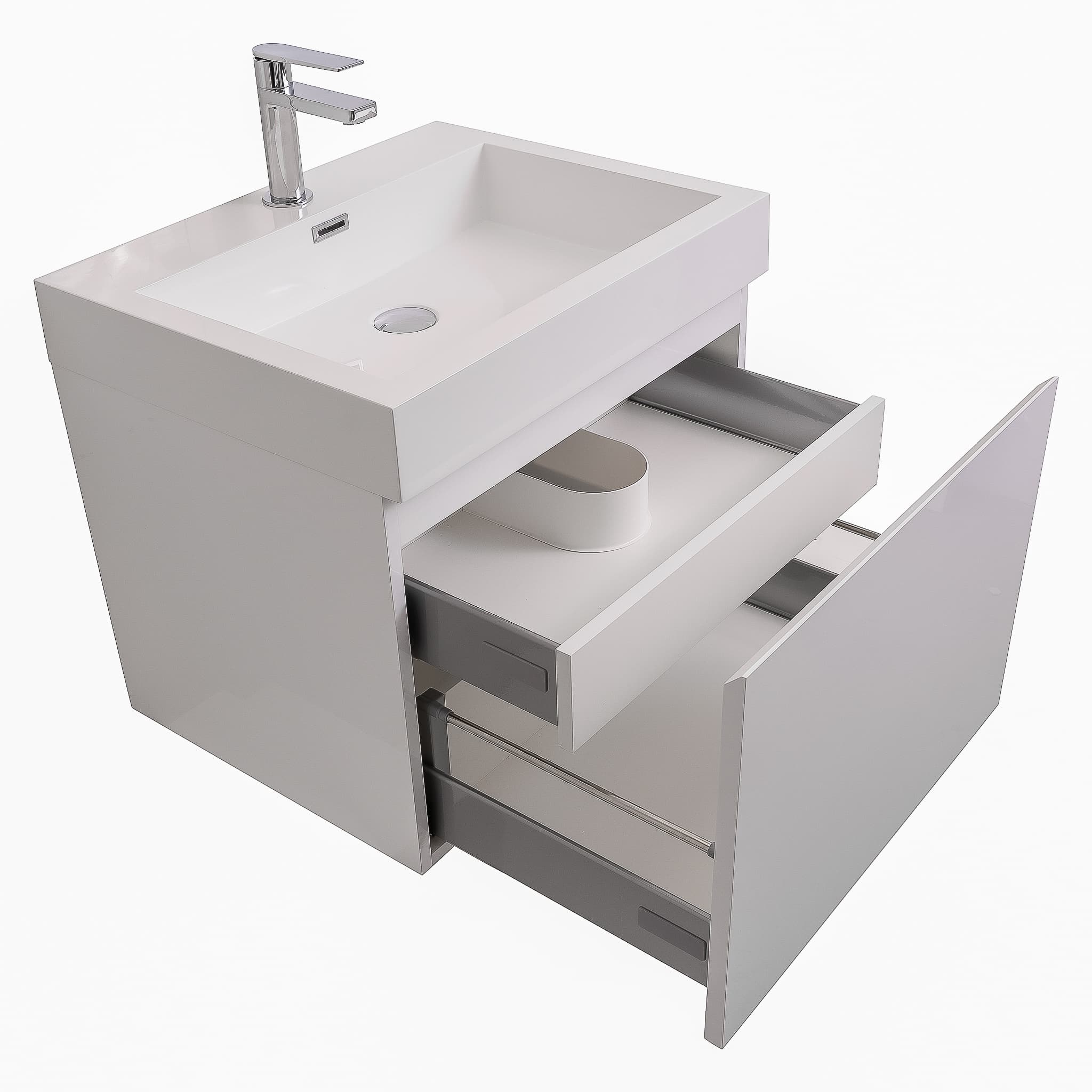 Venice 23.5 White High Gloss Cabinet, Square Cultured Marble Sink, Wall Mounted Modern Vanity Set