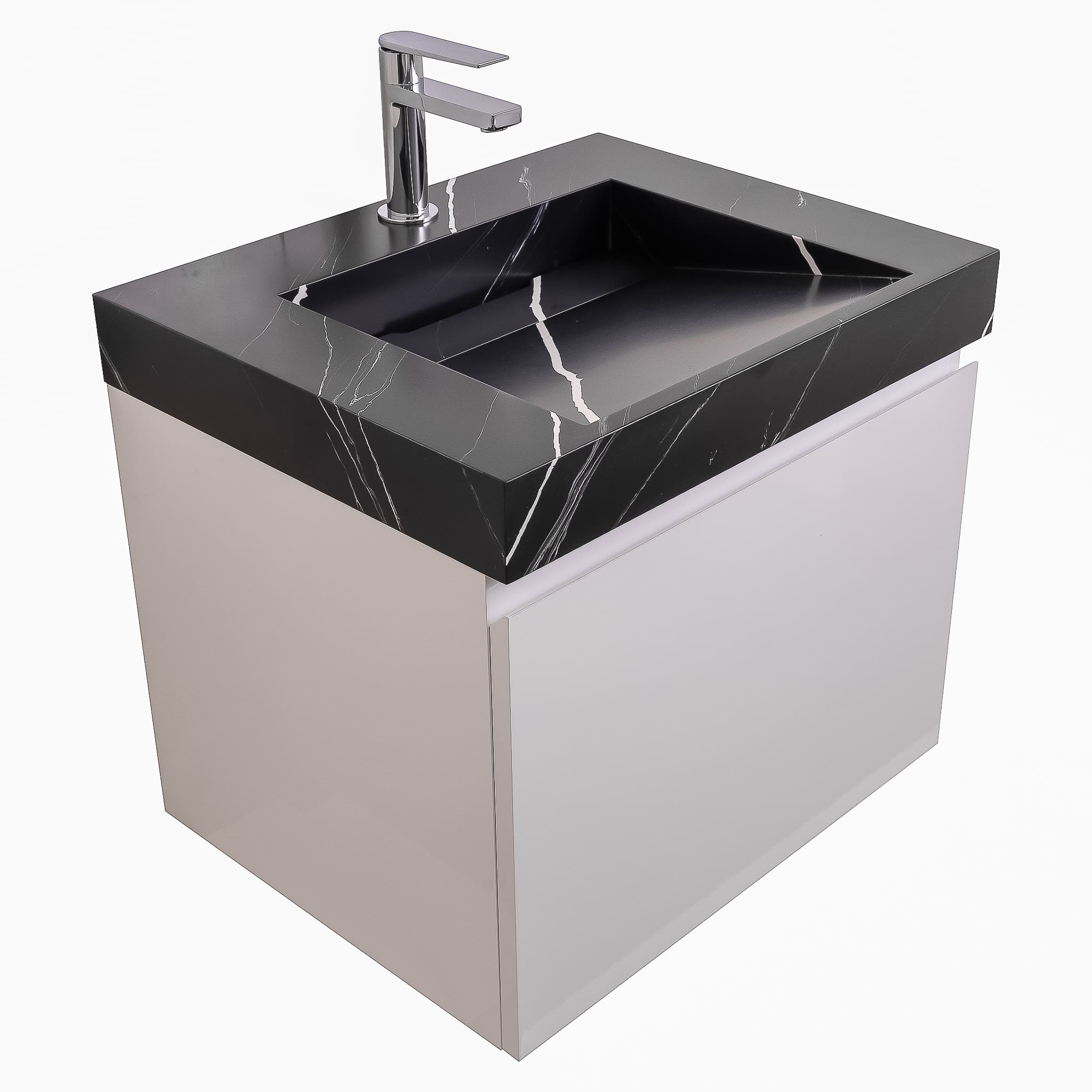 Venice 23.5 White High Gloss Cabinet, Solid Surface Matte Black Carrara Infinity Sink, Wall Mounted Modern Vanity Set