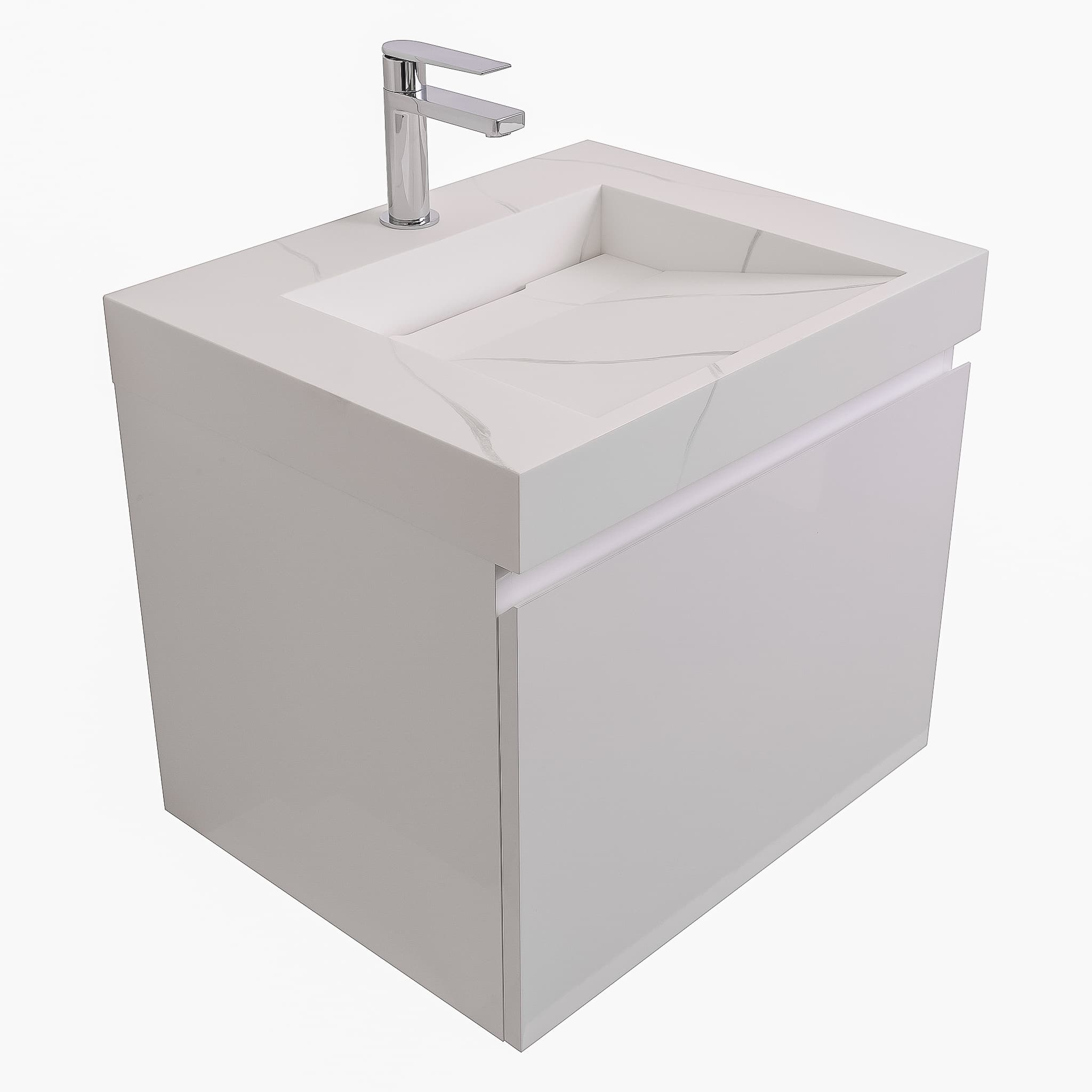 Venice 23.5 White High Gloss Cabinet, Solid Surface Matte White Top Carrara Infinity Sink, Wall Mounted Modern Vanity Set