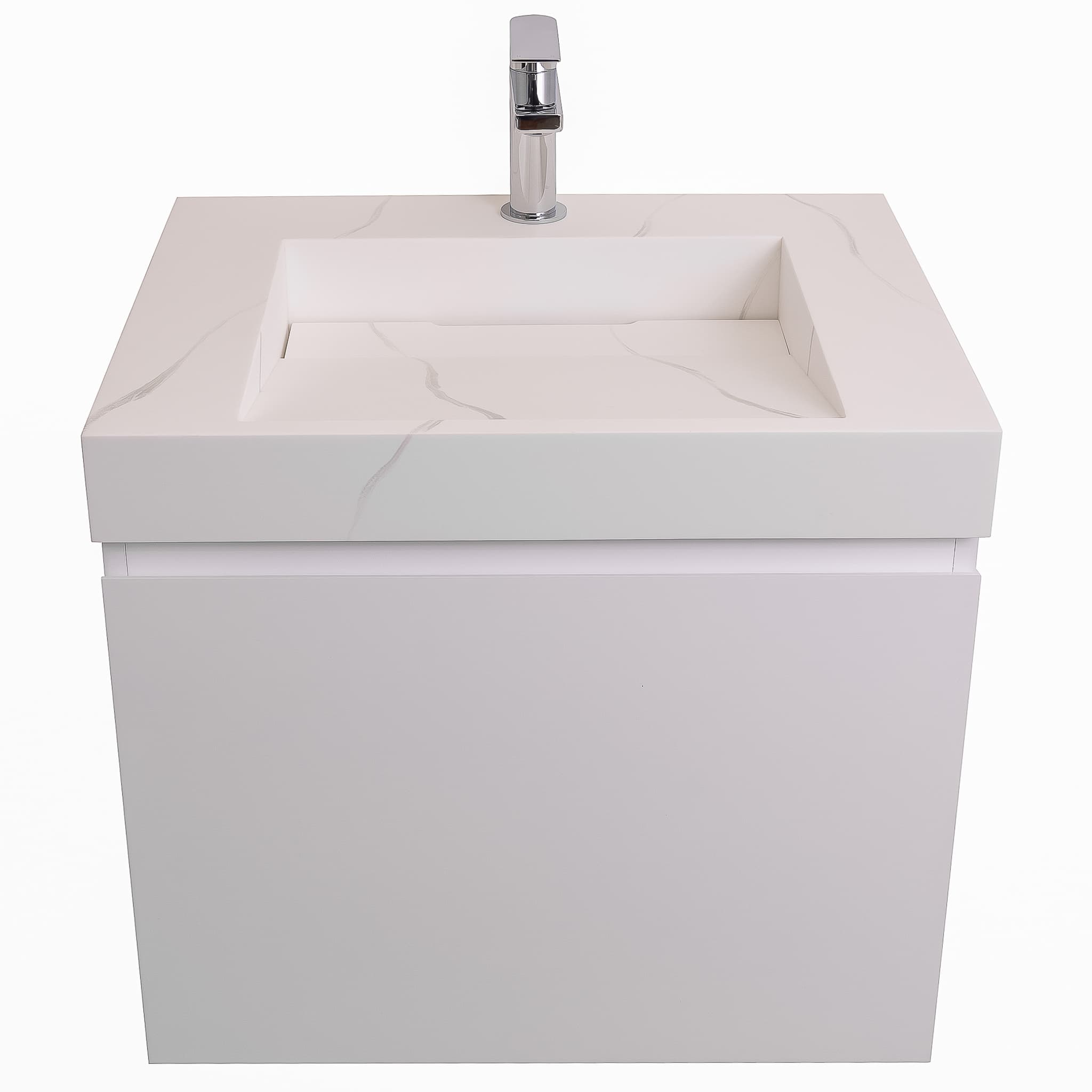 Venice 23.5 White High Gloss Cabinet, Solid Surface Matte White Top Carrara Infinity Sink, Wall Mounted Modern Vanity Set