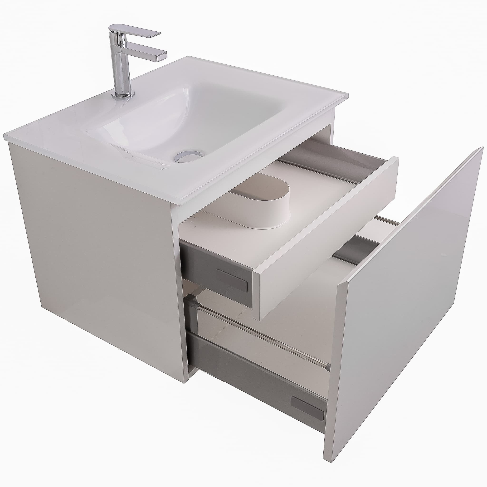 Venice 23.5 White High Gloss Cabinet, White Tempered Glass Sink, Wall Mounted Modern Vanity Set