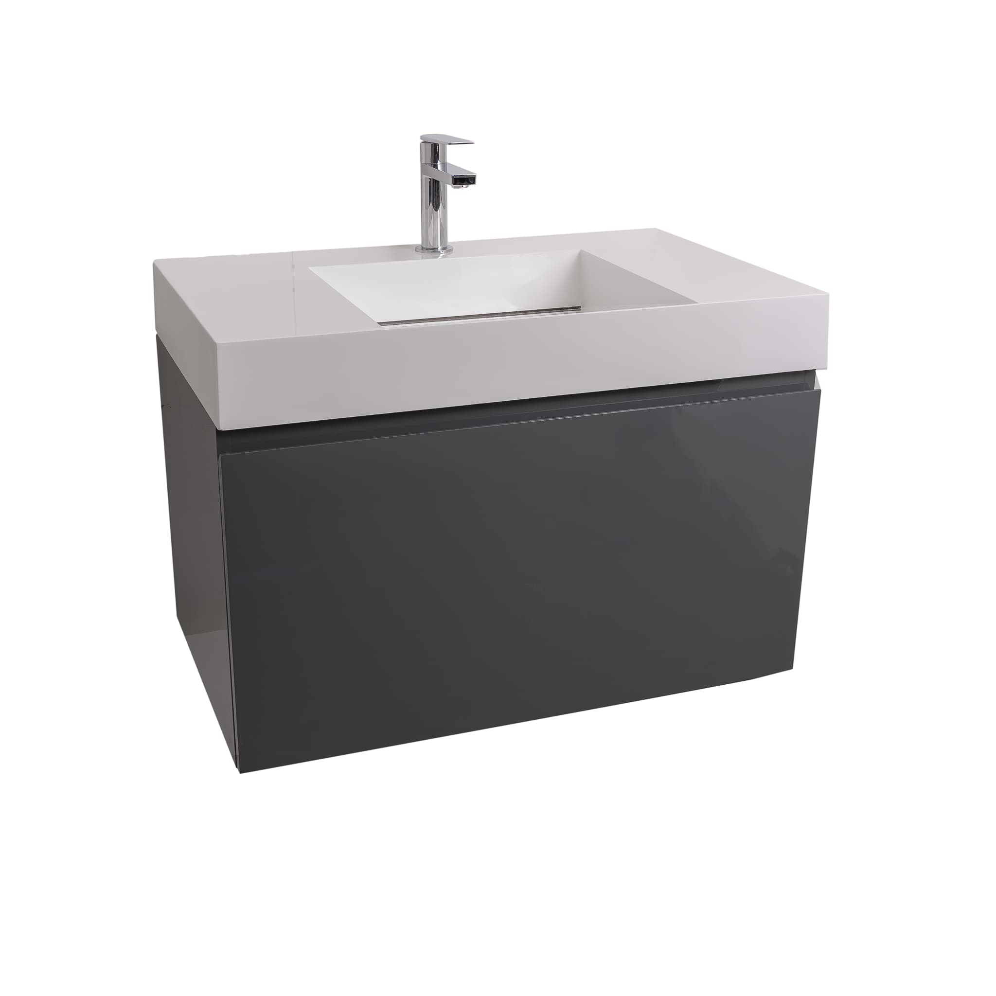 Venice 31.5 Anthracite High Gloss Cabinet, Infinity Cultured Marble Sink, Wall Mounted Modern Vanity Set