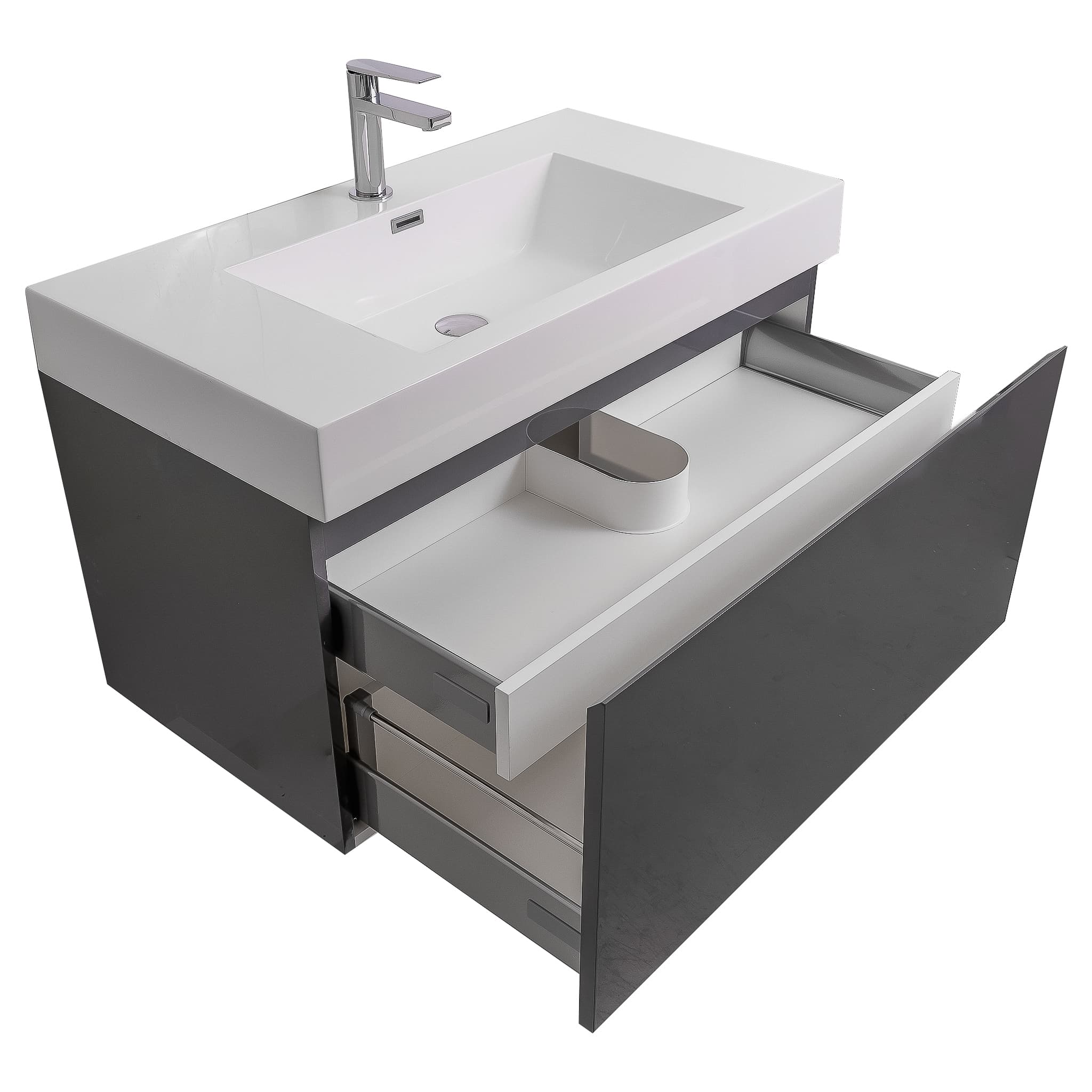 Venice 31.5 Anthracite High Gloss Cabinet, Square Cultured Marble Sink, Wall Mounted Modern Vanity Set