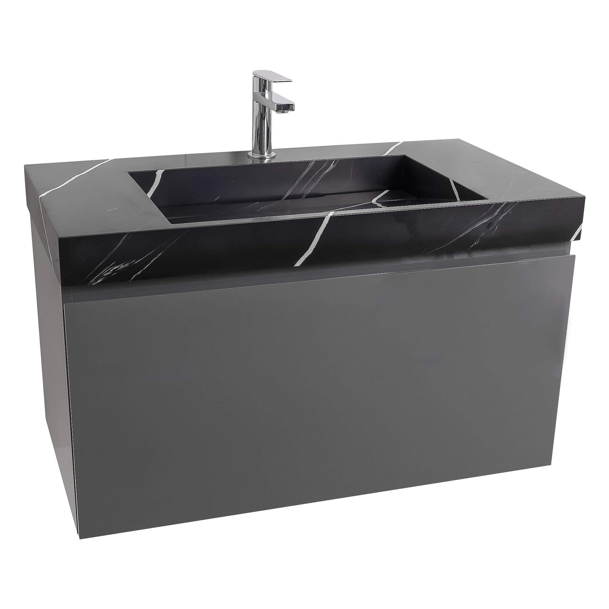 Venice 31.5 Anthracite High Gloss Cabinet, Solid Surface Matte Black Carrara Infinity Sink, Wall Mounted Modern Vanity Set